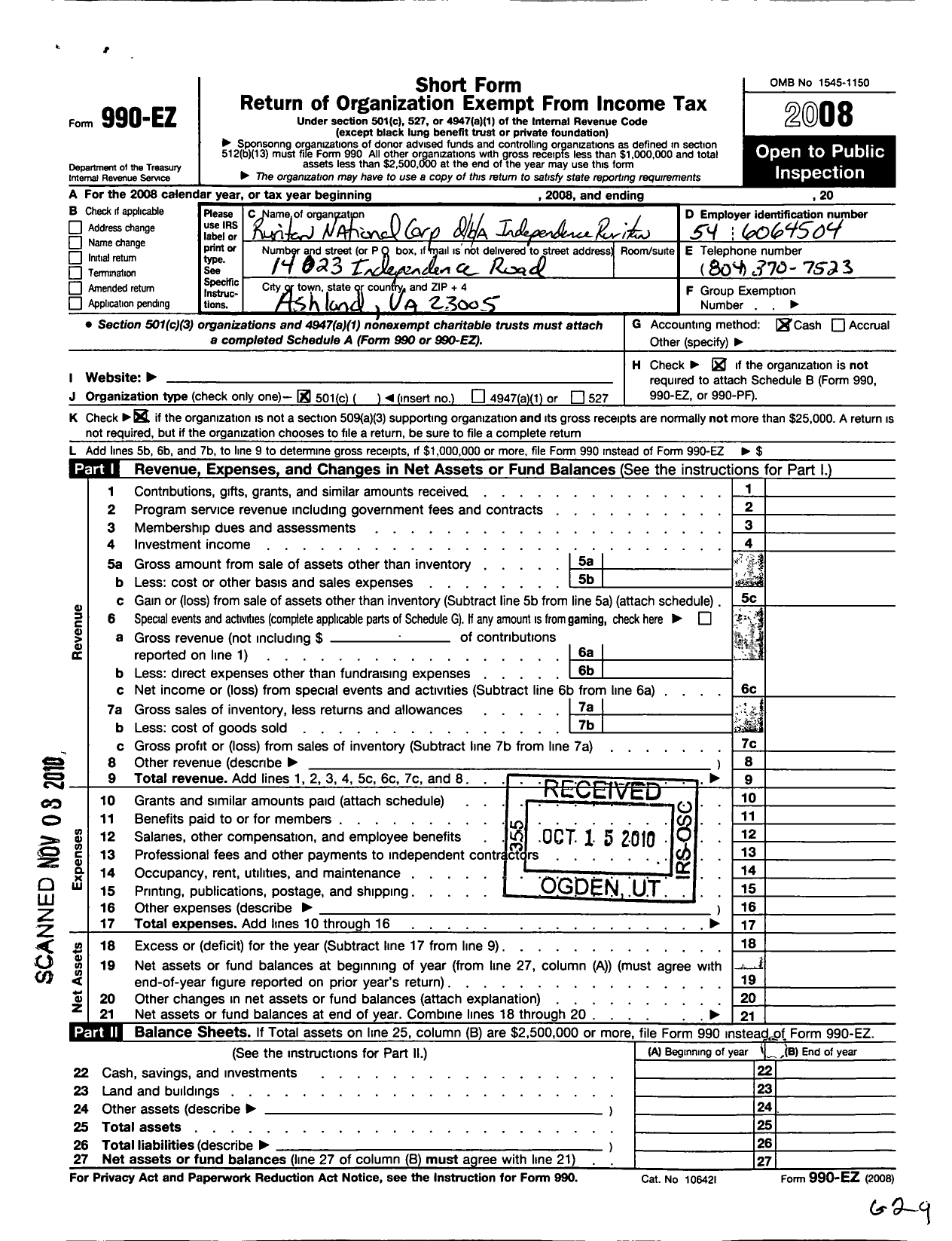 Image of first page of 2008 Form 990EO for Ruritan - Independence Ruritan