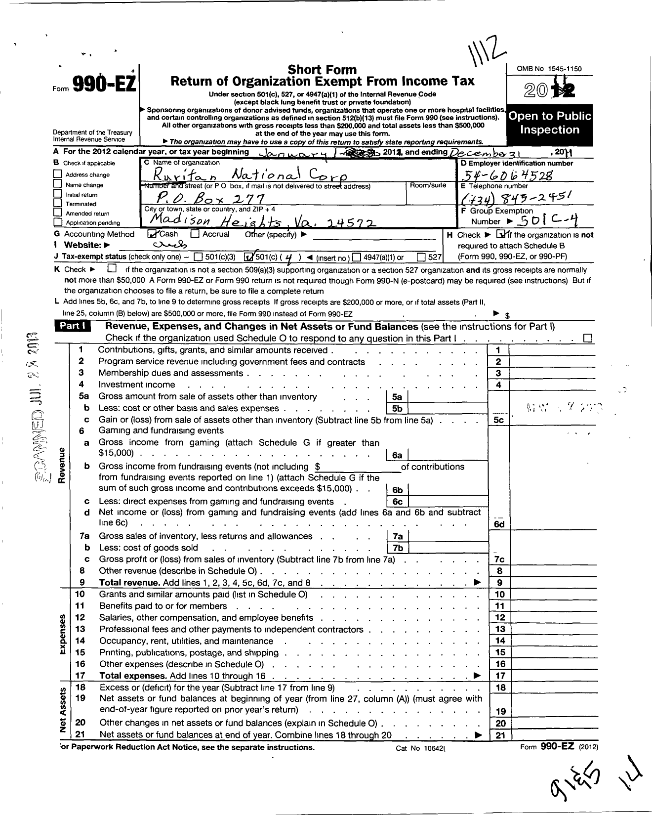 Image of first page of 2011 Form 990EO for Ruritan - Madison Heights