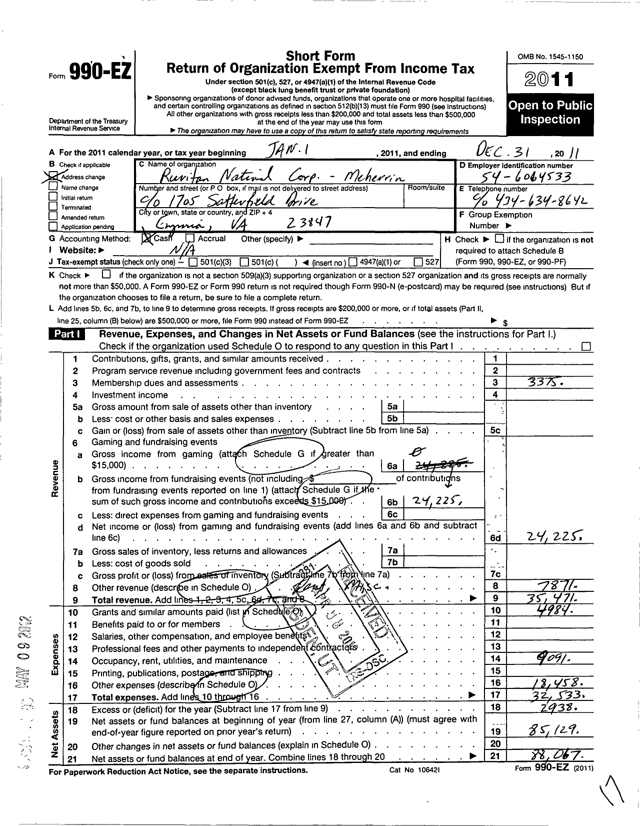 Image of first page of 2011 Form 990EO for Ruritan - Meherrin