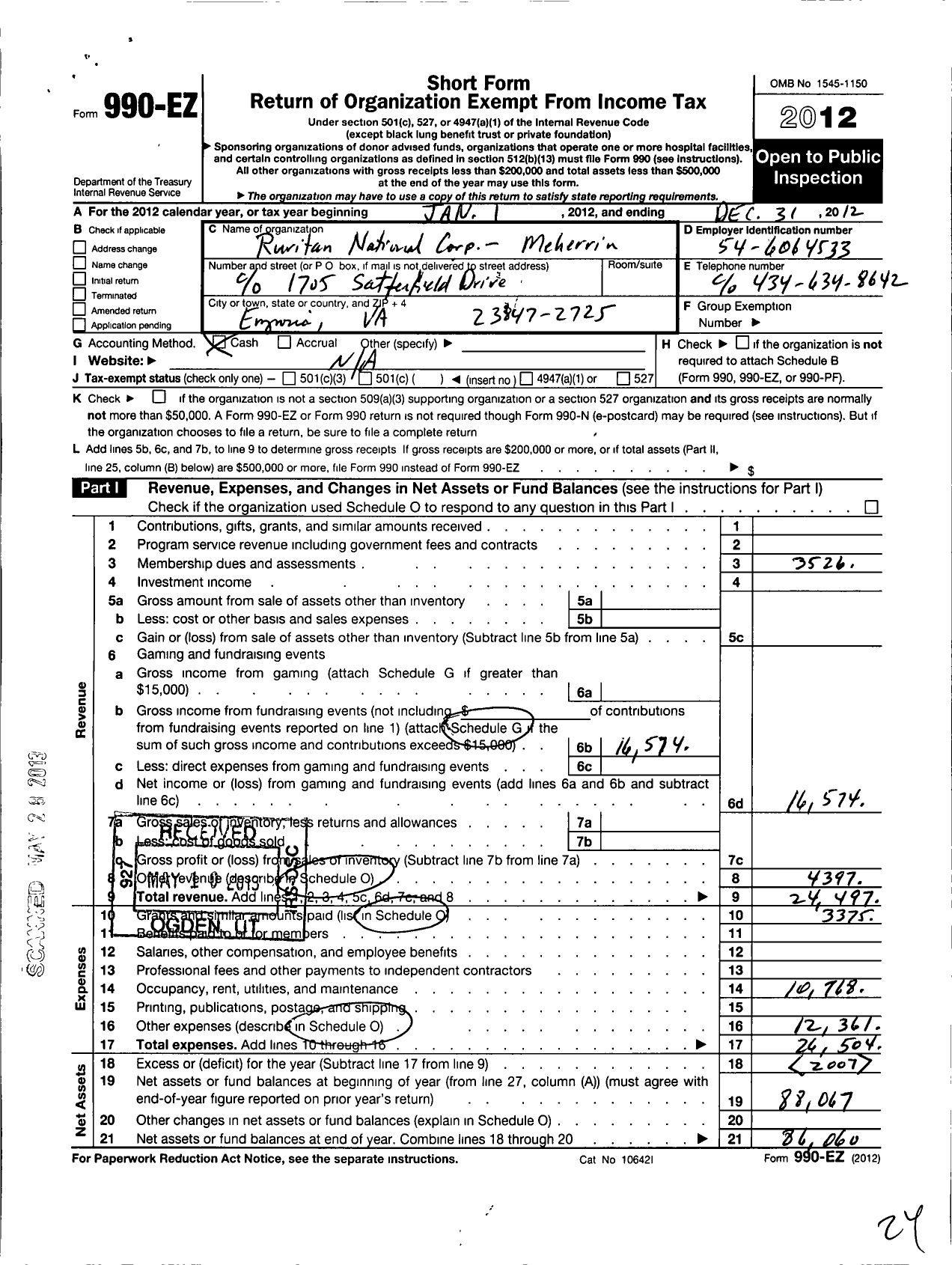 Image of first page of 2012 Form 990EO for Ruritan - Meherrin