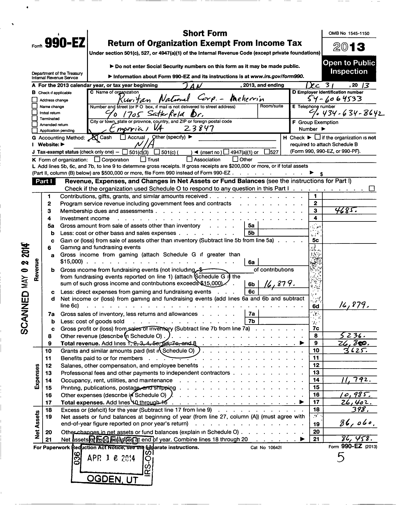 Image of first page of 2013 Form 990EO for Ruritan - Meherrin