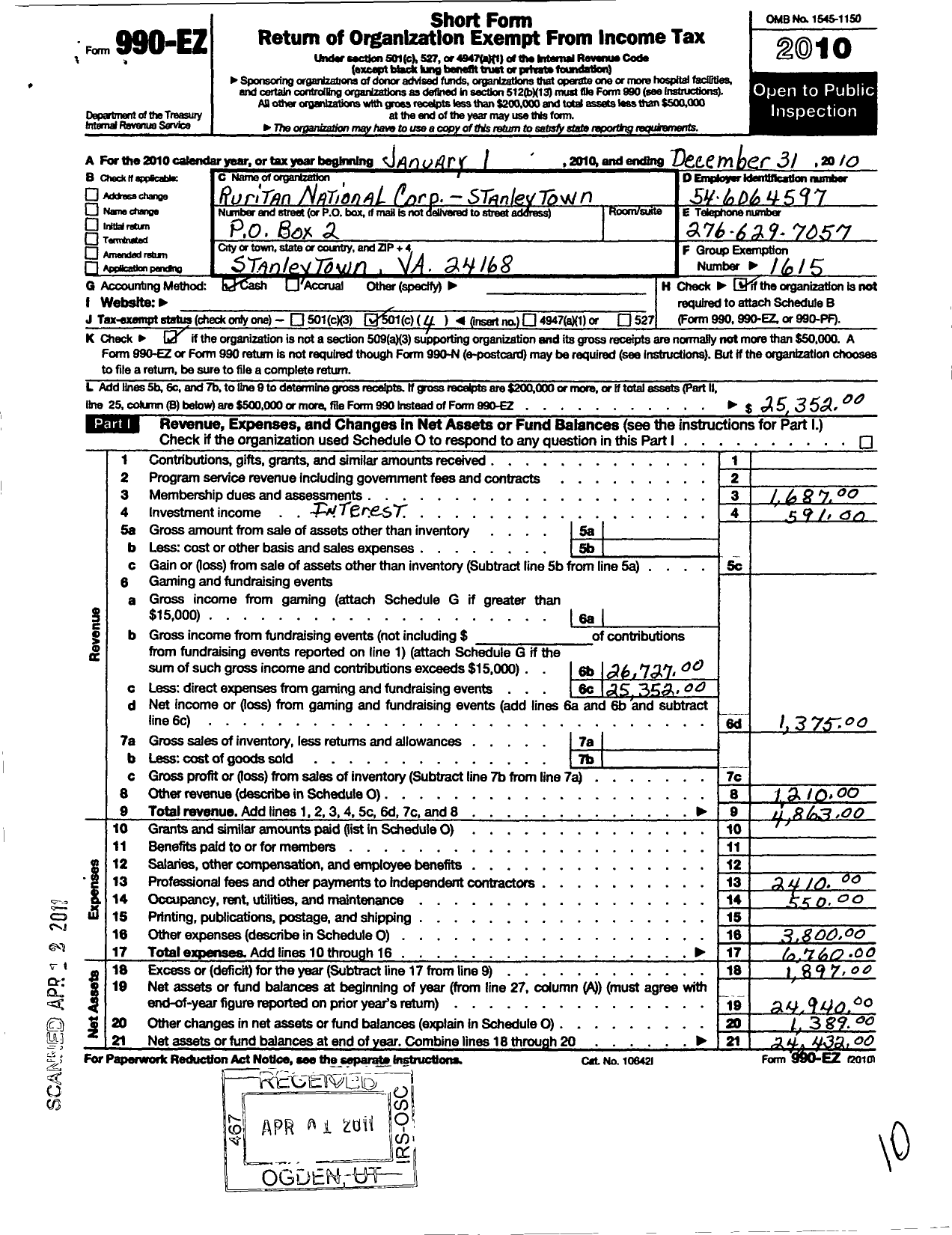 Image of first page of 2010 Form 990EO for Ruritan - Stanleytown