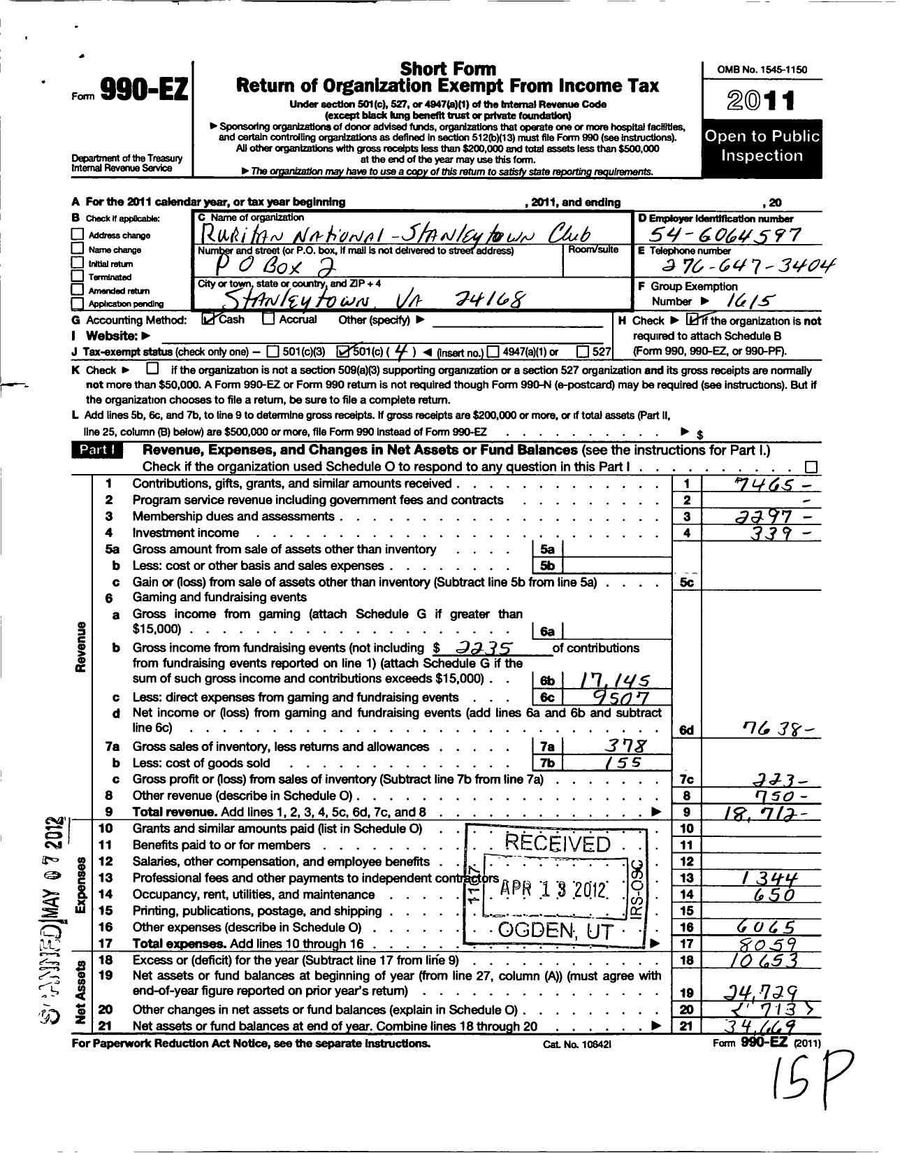 Image of first page of 2011 Form 990EO for Ruritan - Stanleytown