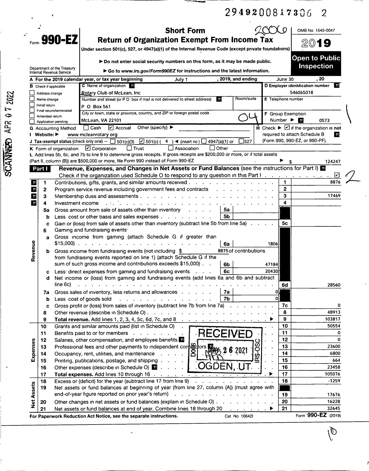 Image of first page of 2019 Form 990EO for Rotary International - Mclean Rotary Club