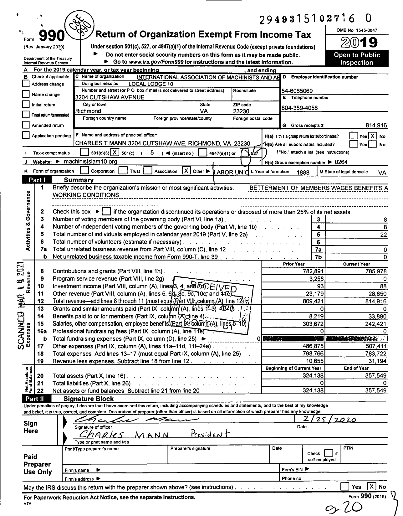 Image of first page of 2019 Form 990O for International Association of Machinists and Aerospace Workers - Local Lodge 10 Iamaw