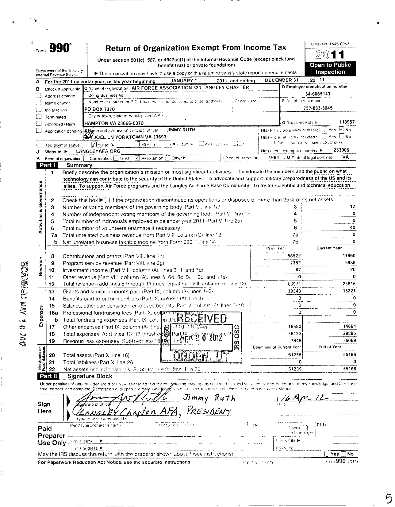 Image of first page of 2011 Form 990 for Air Force Association - 323 Af Langley Chapter