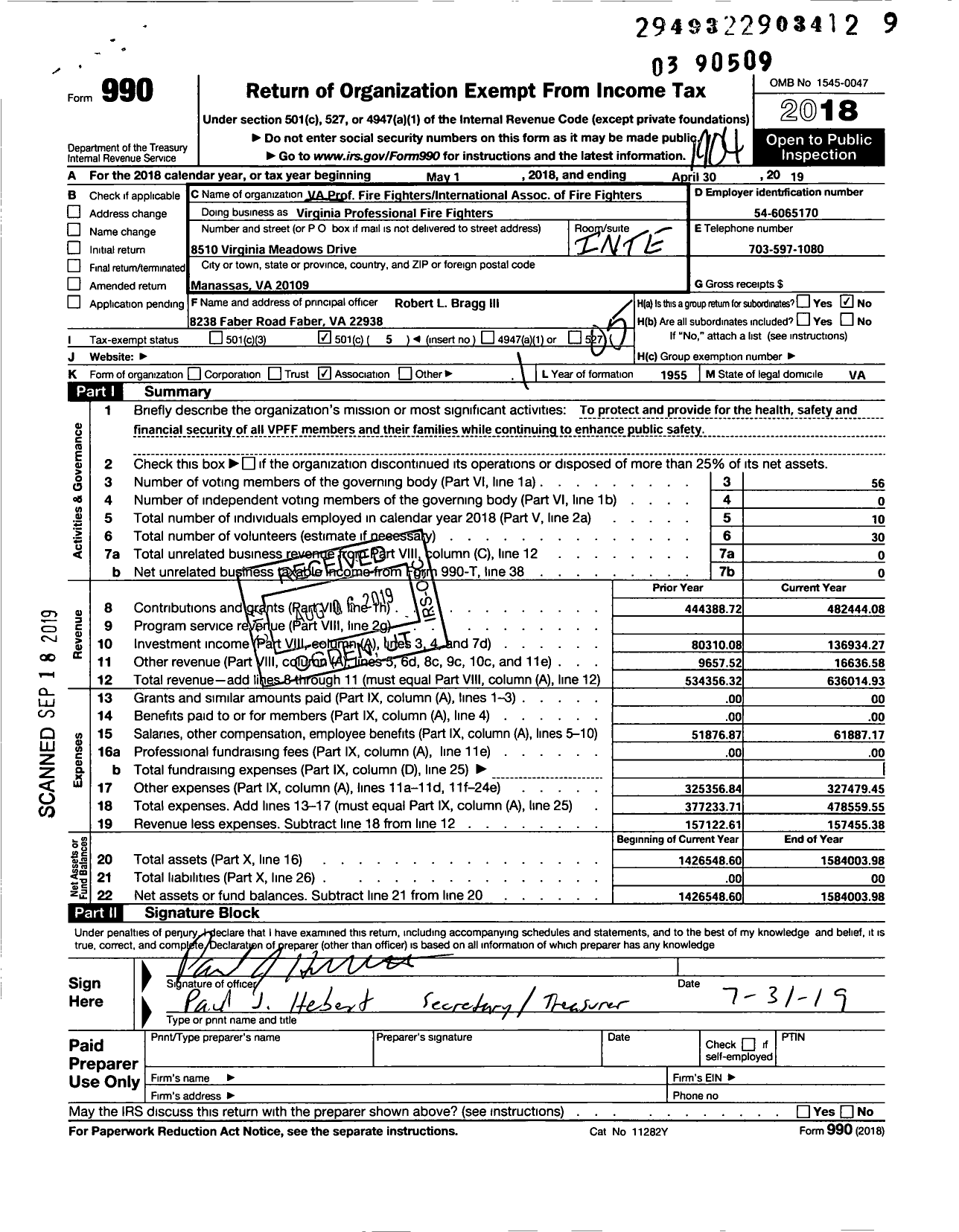 Image of first page of 2018 Form 990O for International Association of Fire Fighters - Virginia Professional Fire Fighters