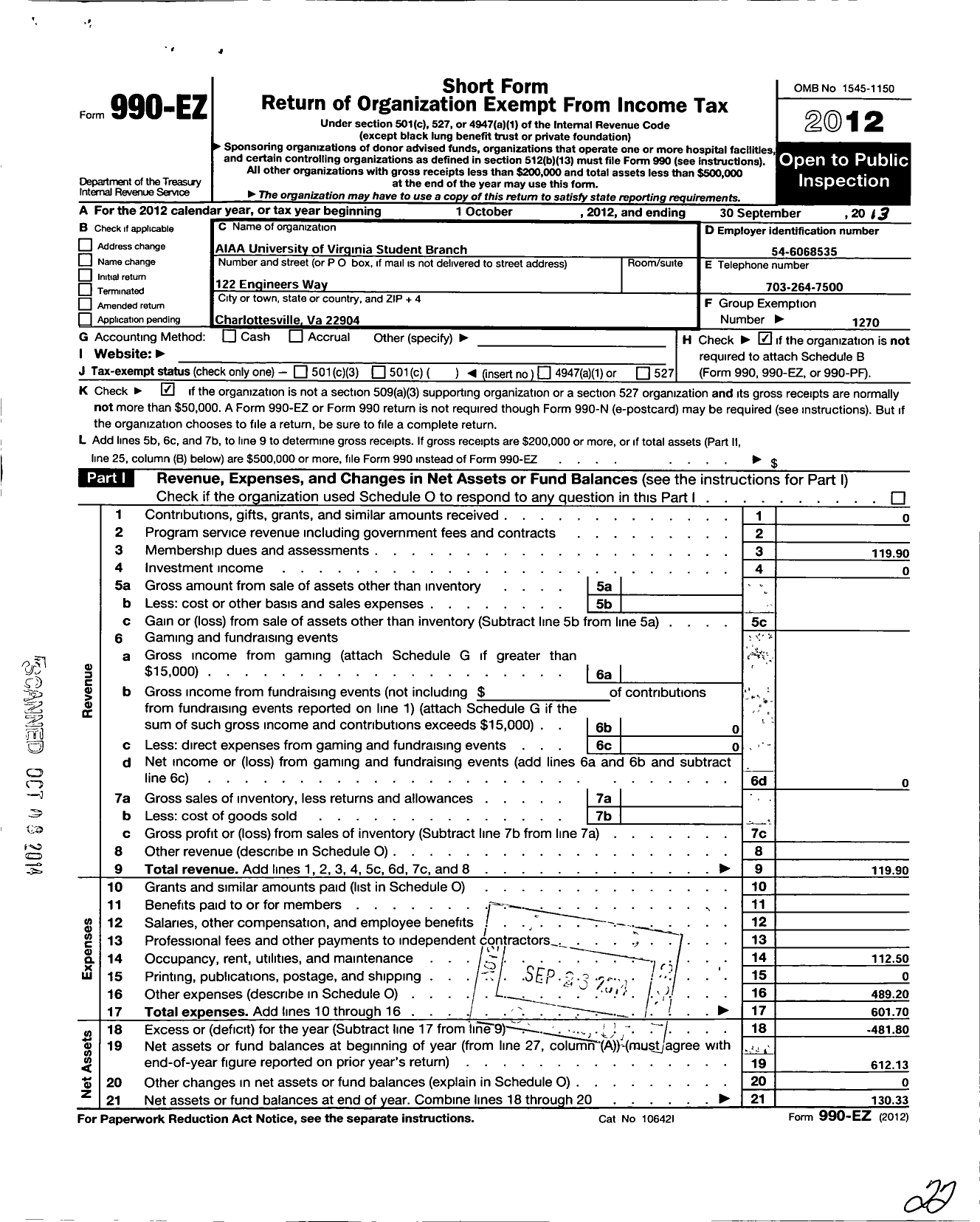 Image of first page of 2012 Form 990EO for American Institute of Aeronautics and Astronautics / U of Va Student Branch