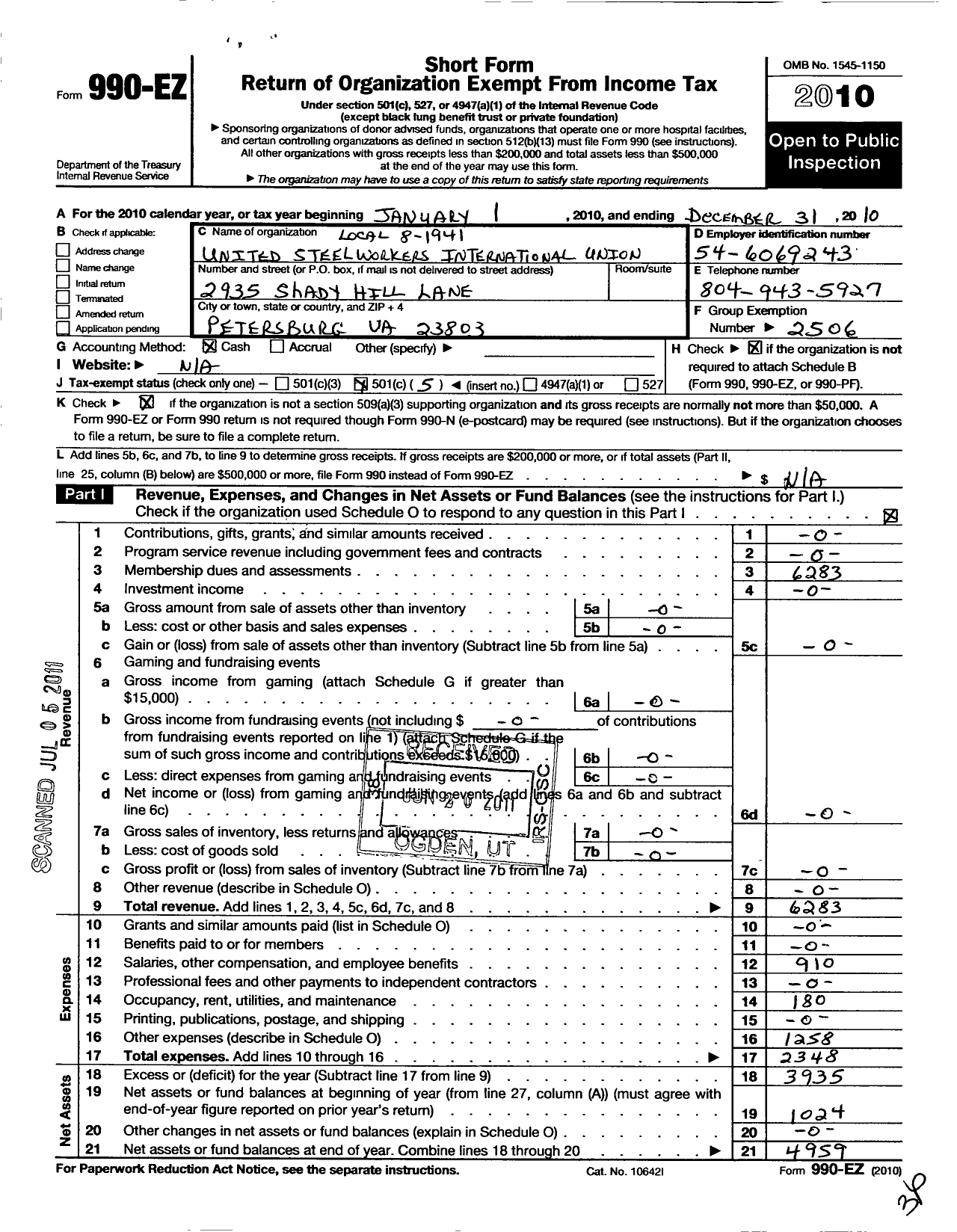 Image of first page of 2010 Form 990EO for United Steelworkers - 01941 Local