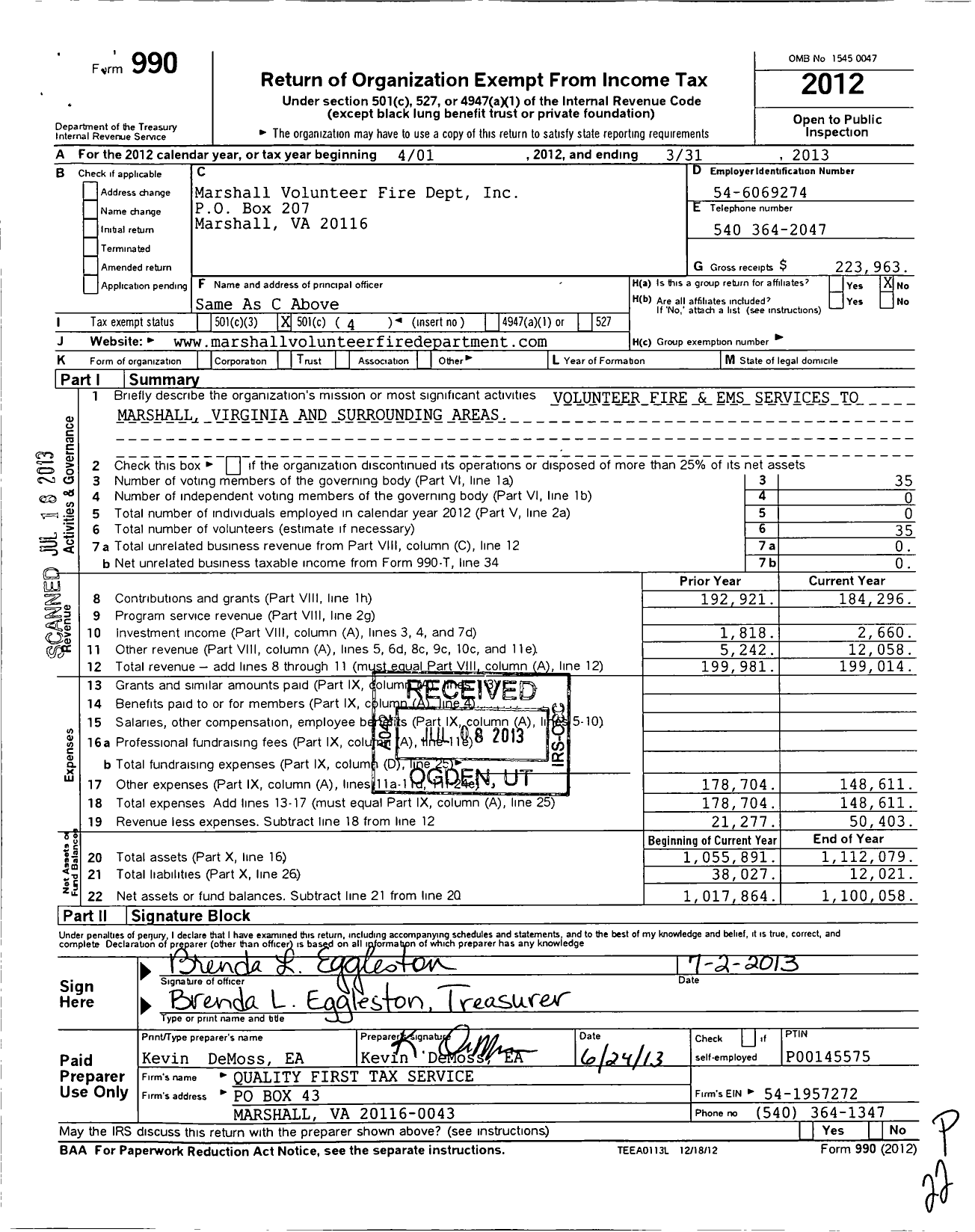 Image of first page of 2012 Form 990O for Marshall Volunteer Fire Dept