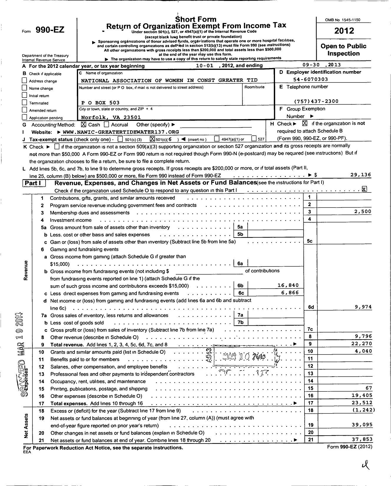 Image of first page of 2012 Form 990EO for National Association of Women in Construction - 137 Greater Tidewater