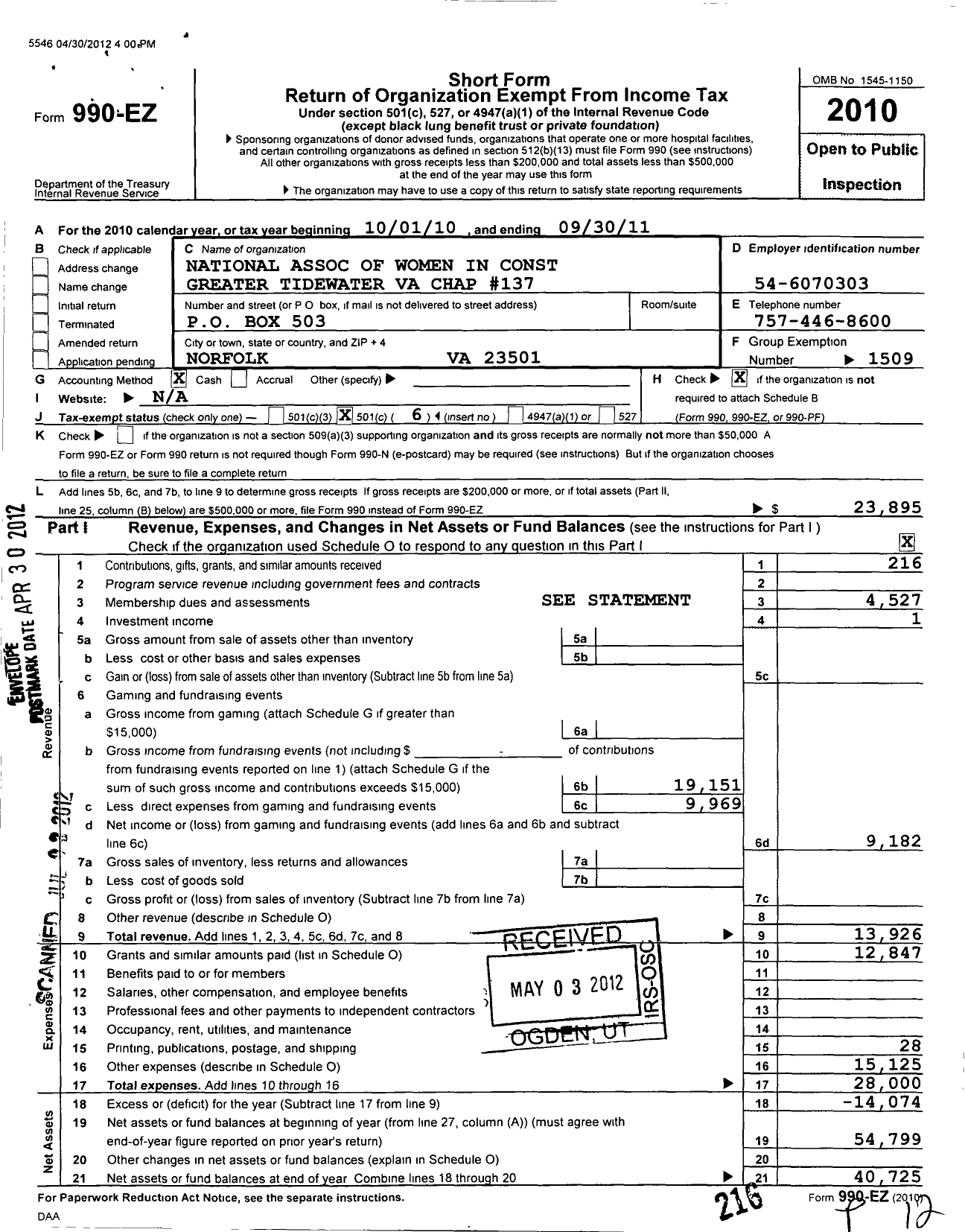 Image of first page of 2010 Form 990EO for National Association of Women in Construction - 137 Greater Tidewater