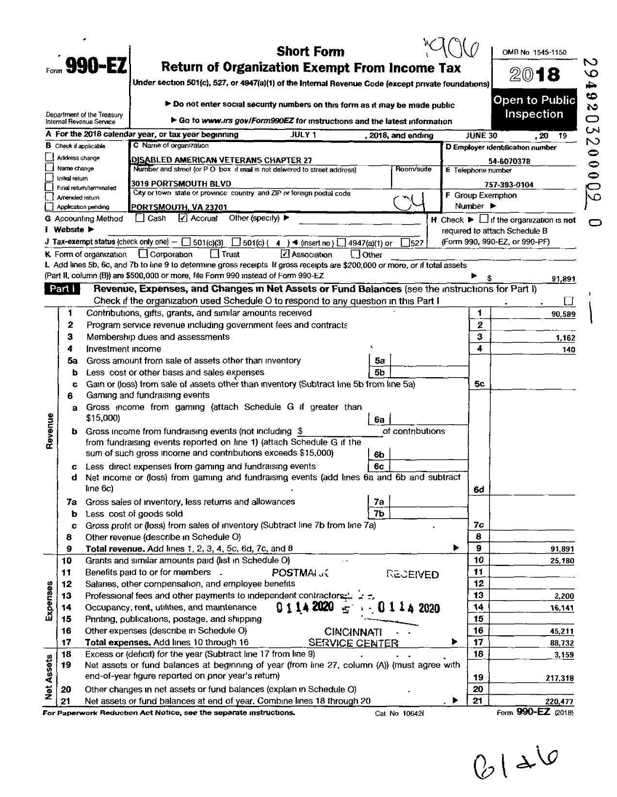 Image of first page of 2018 Form 990EO for Disabled American Veterans - 27 Portsmouth Chapter