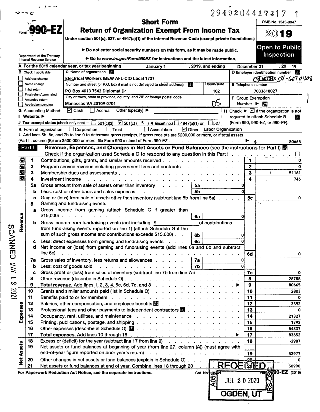 Image of first page of 2019 Form 990EO for INTERNATIONAL BROTHERHOOD OF Electrical Workers - 1737 Local Union