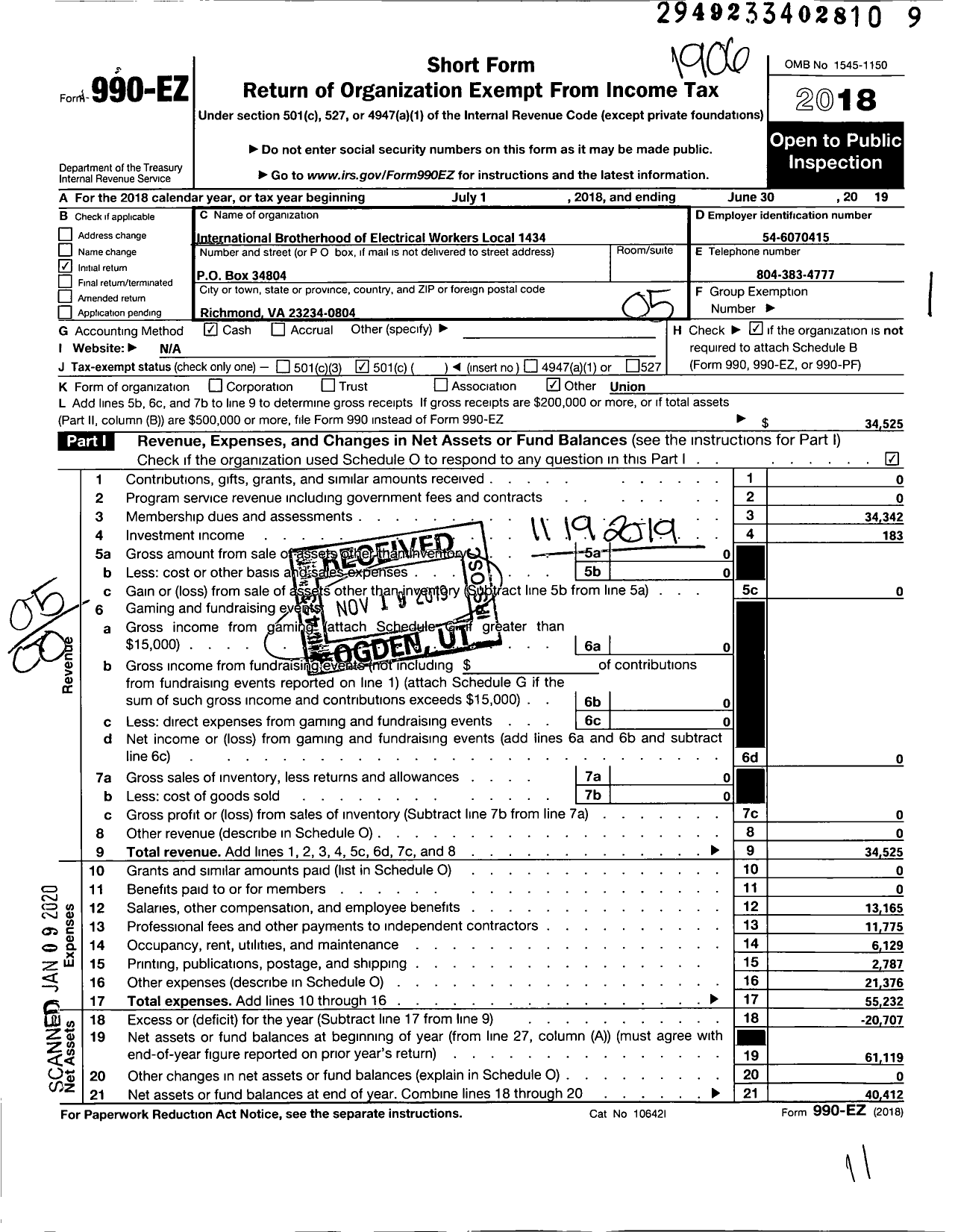 Image of first page of 2018 Form 990EO for International Brotherhood of Electrical Workers - 1434 Local Union