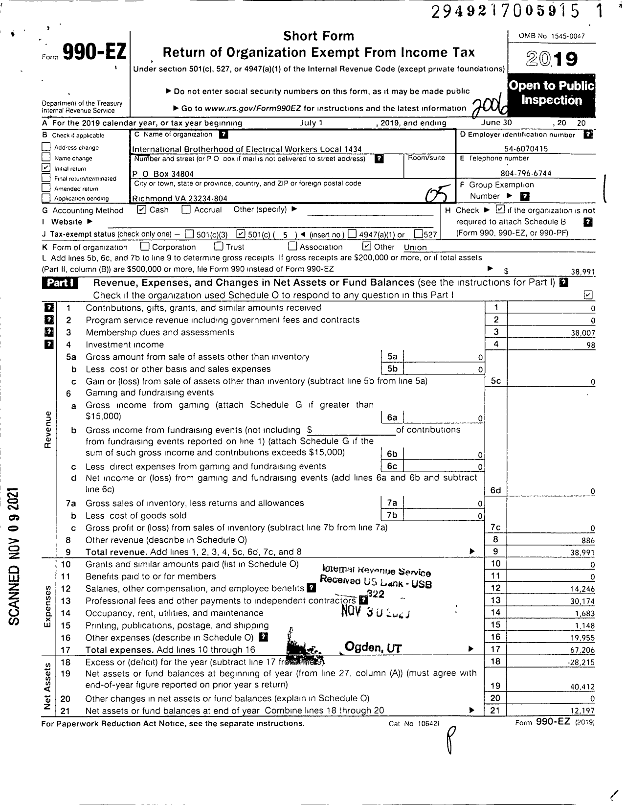 Image of first page of 2019 Form 990EO for International Brotherhood of Electrical Workers - 1434 Local Union