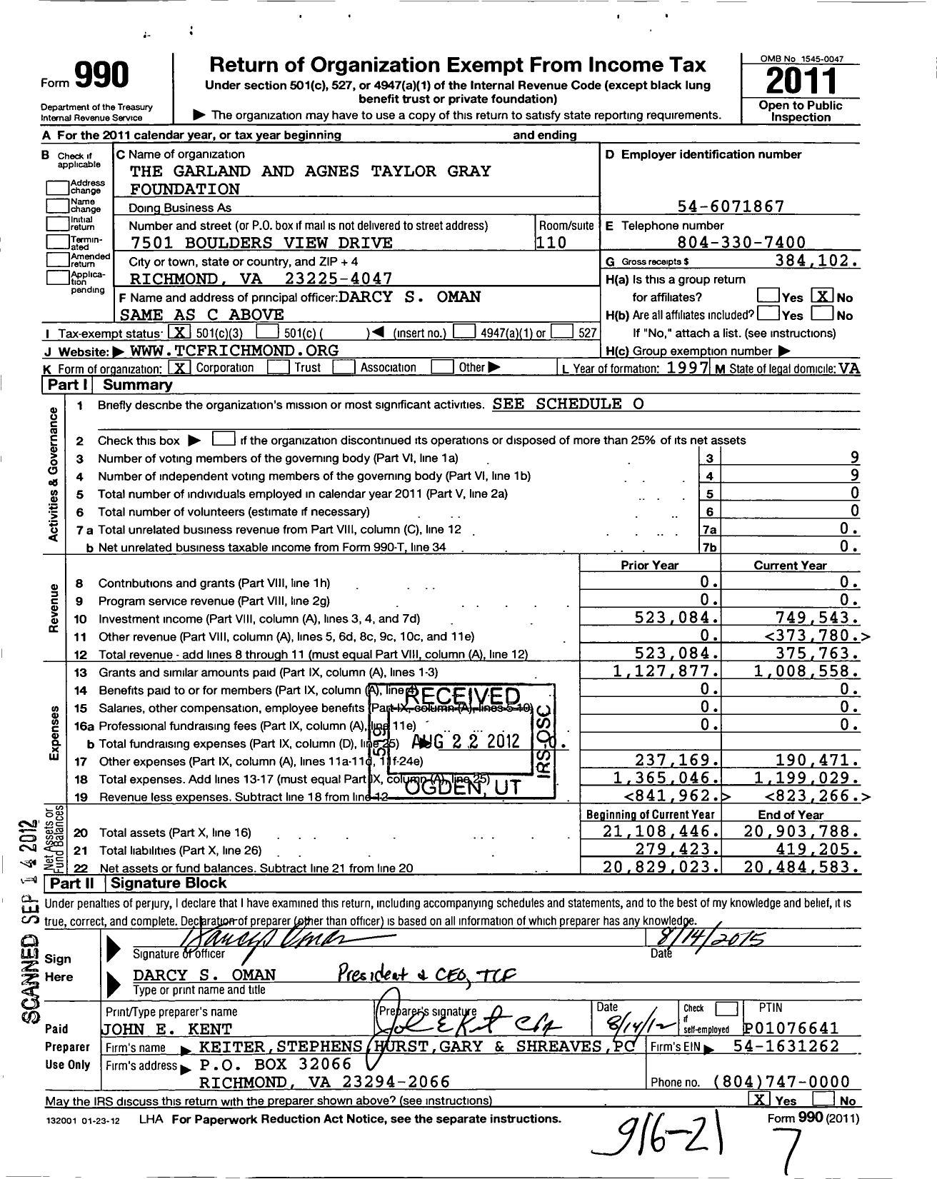 Image of first page of 2011 Form 990 for The Garland and Agnes Taylor Gray Foundation