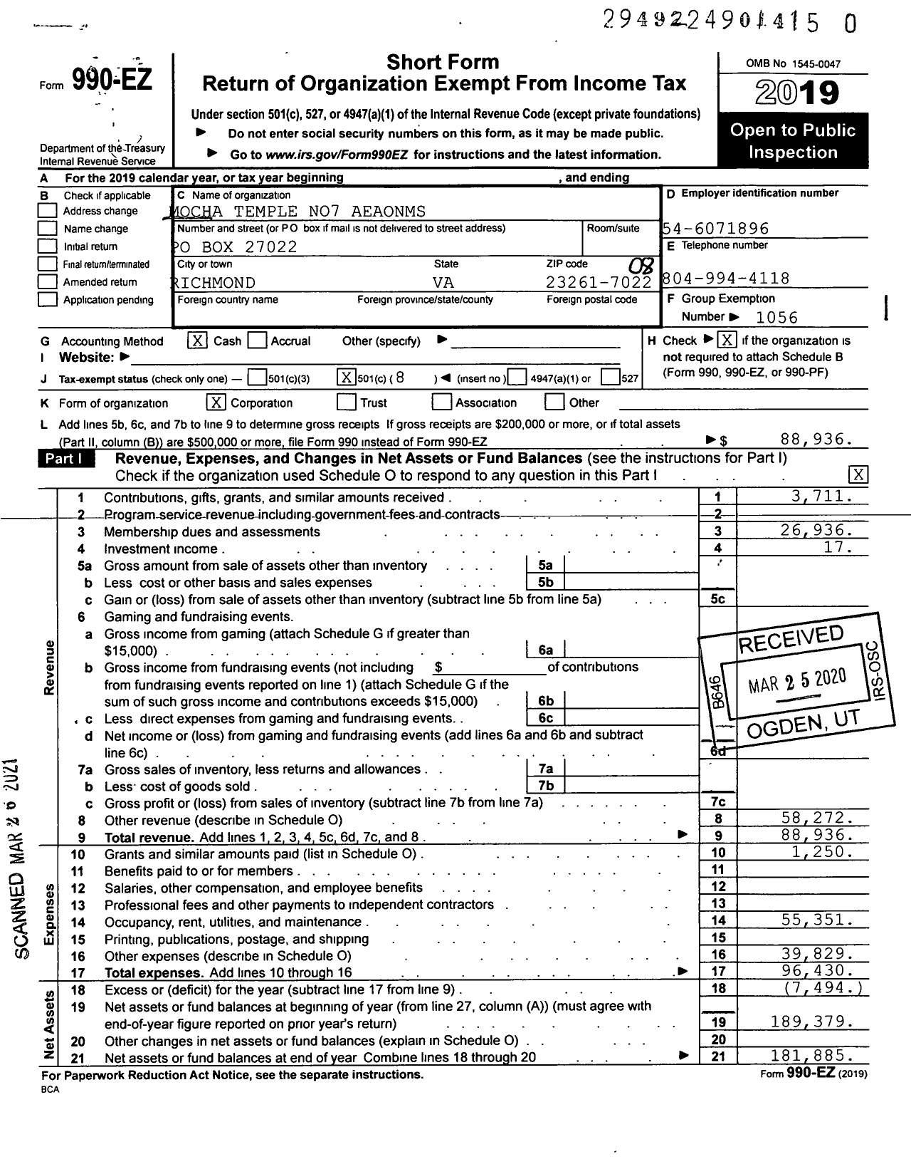 Image of first page of 2019 Form 990EO for Mocha Temple No7 Aeaomns