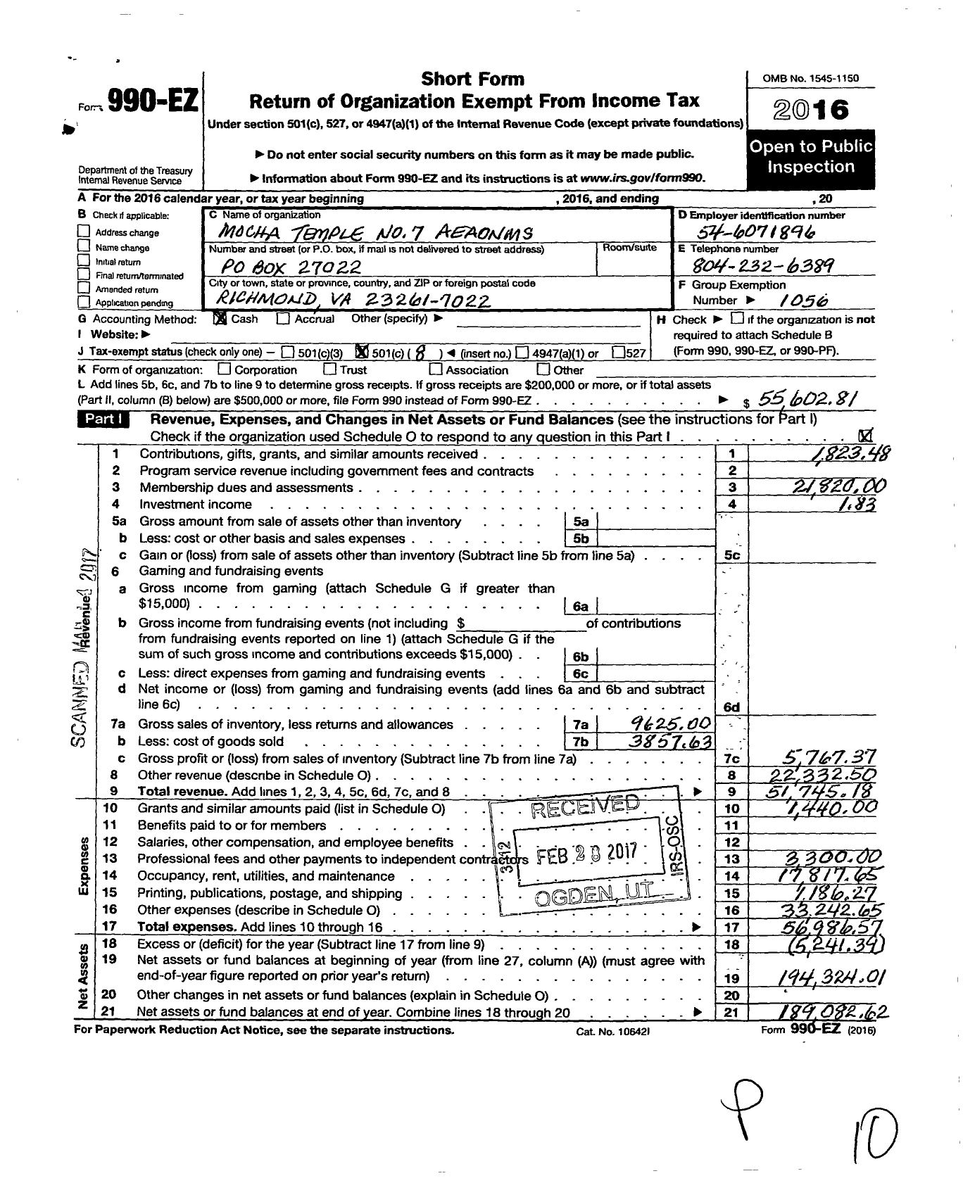 Image of first page of 2016 Form 990EO for Mocha Temple No7 Aeaomns