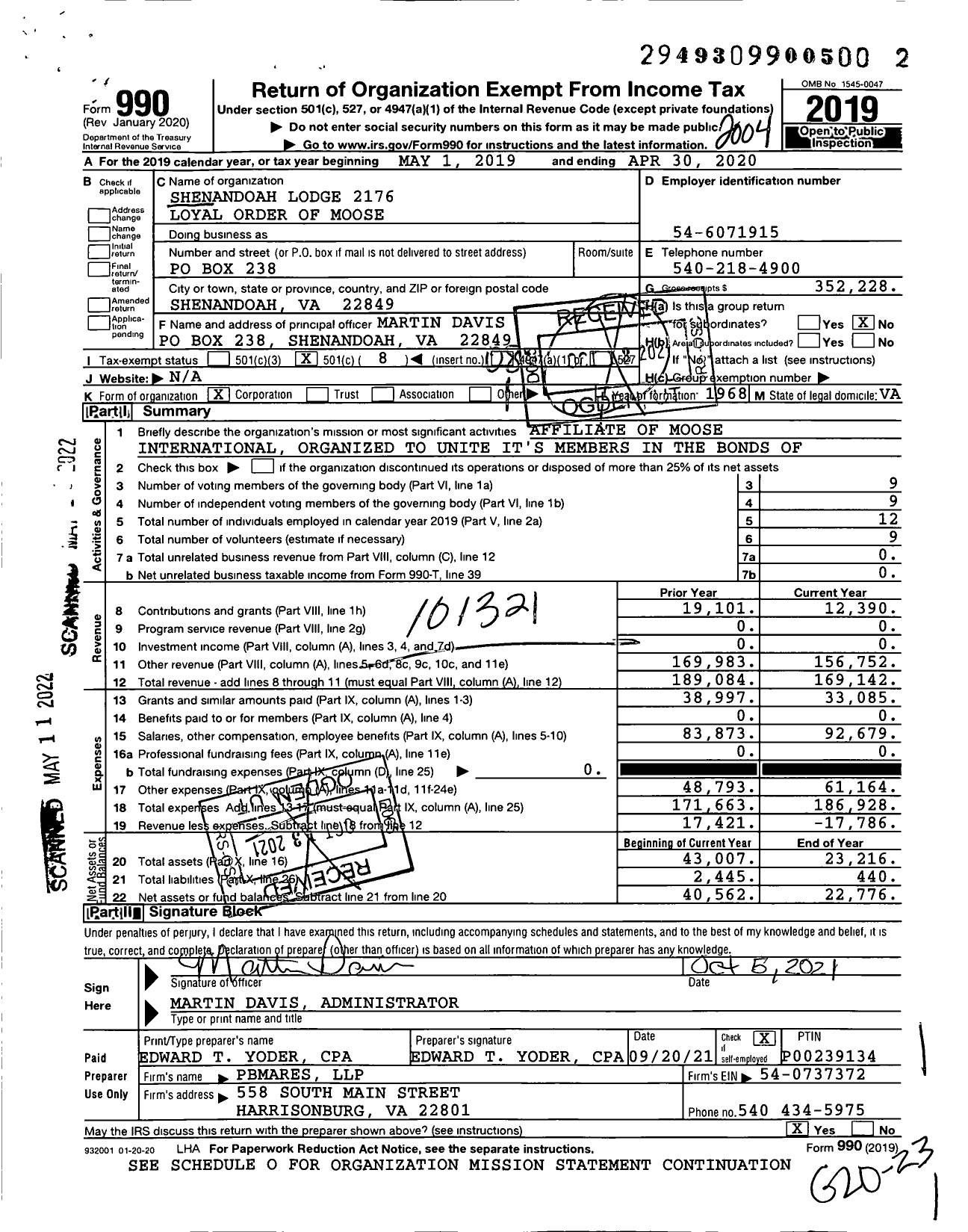 Image of first page of 2019 Form 990O for Loyal Order of Moose - Non Profit Private Organization