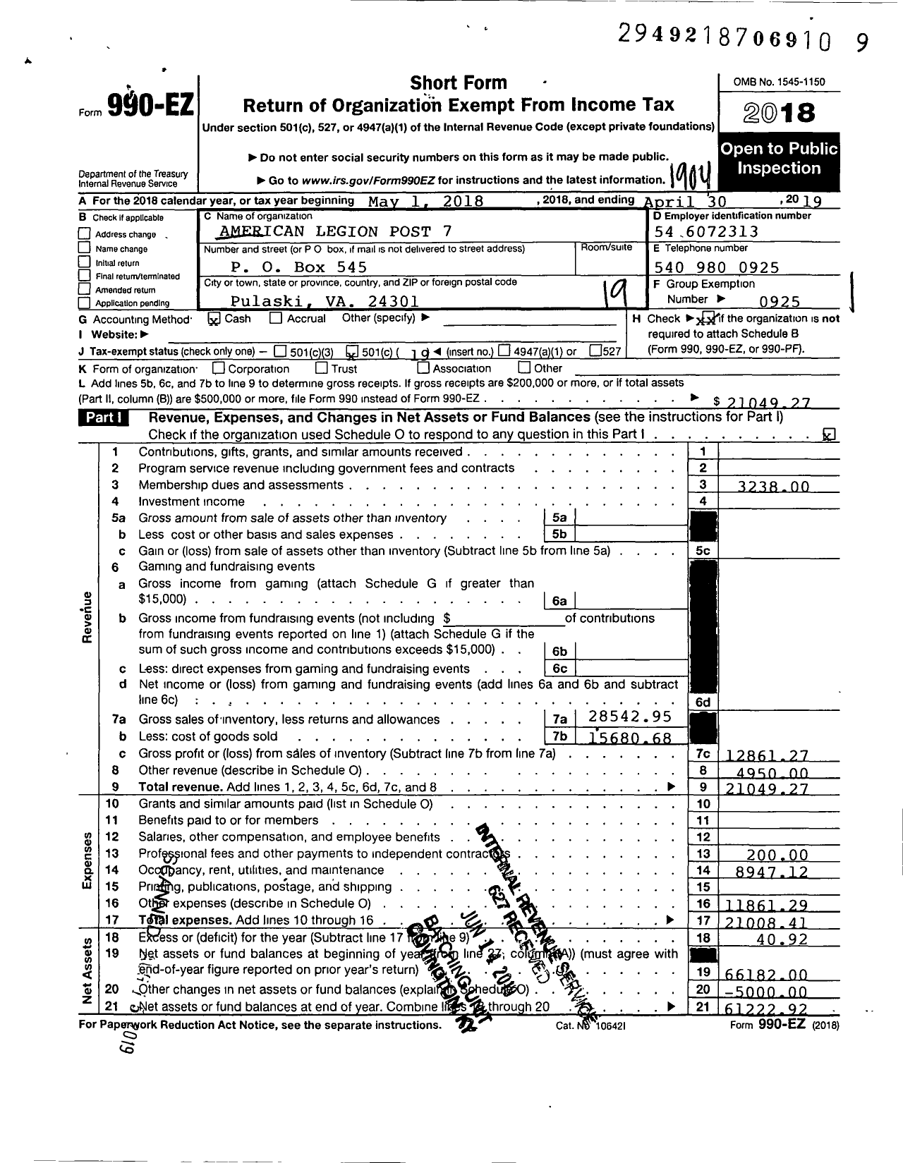 Image of first page of 2018 Form 990EO for American Legion - 7 Pulaski County