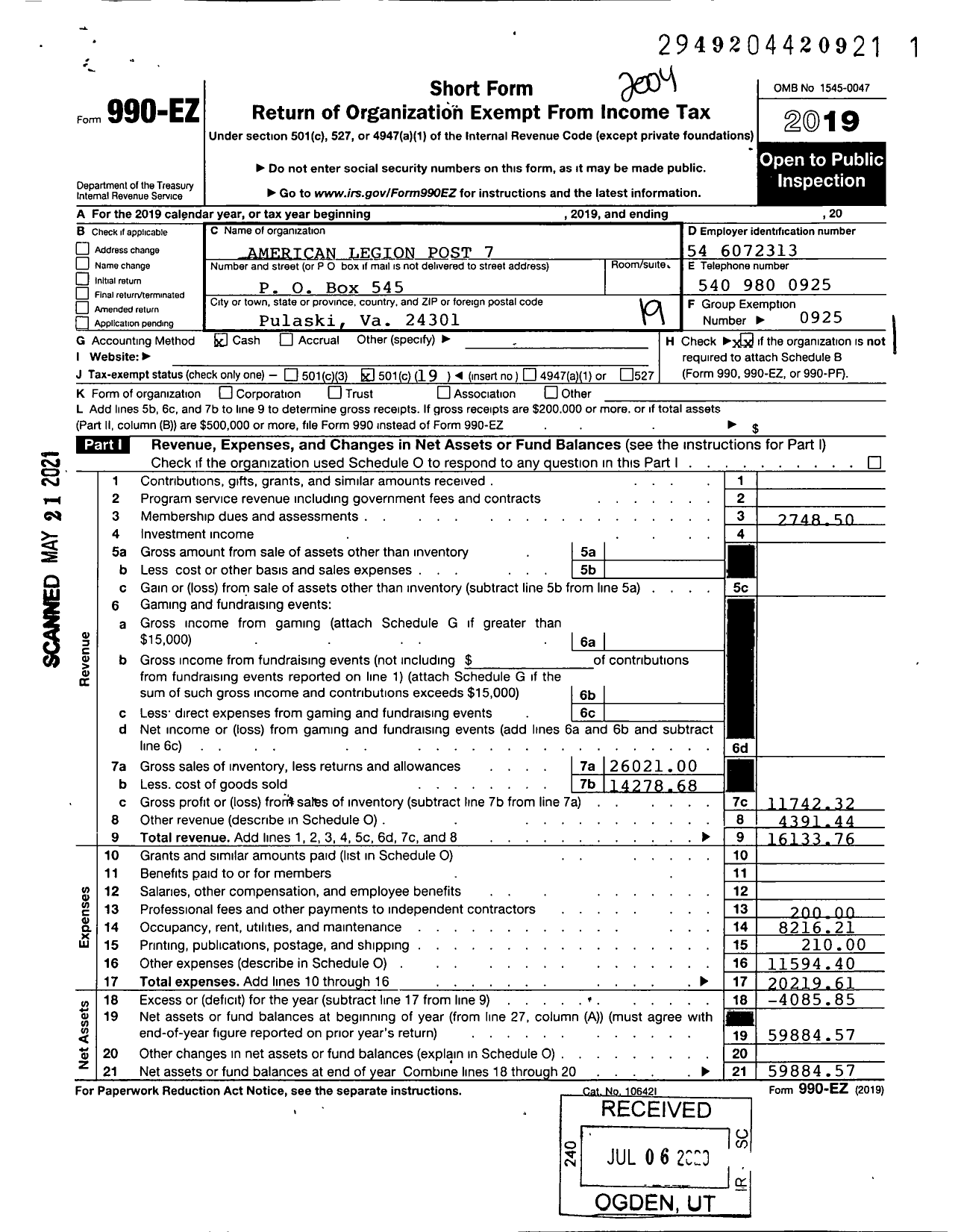 Image of first page of 2019 Form 990EO for American Legion - 7 Pulaski County