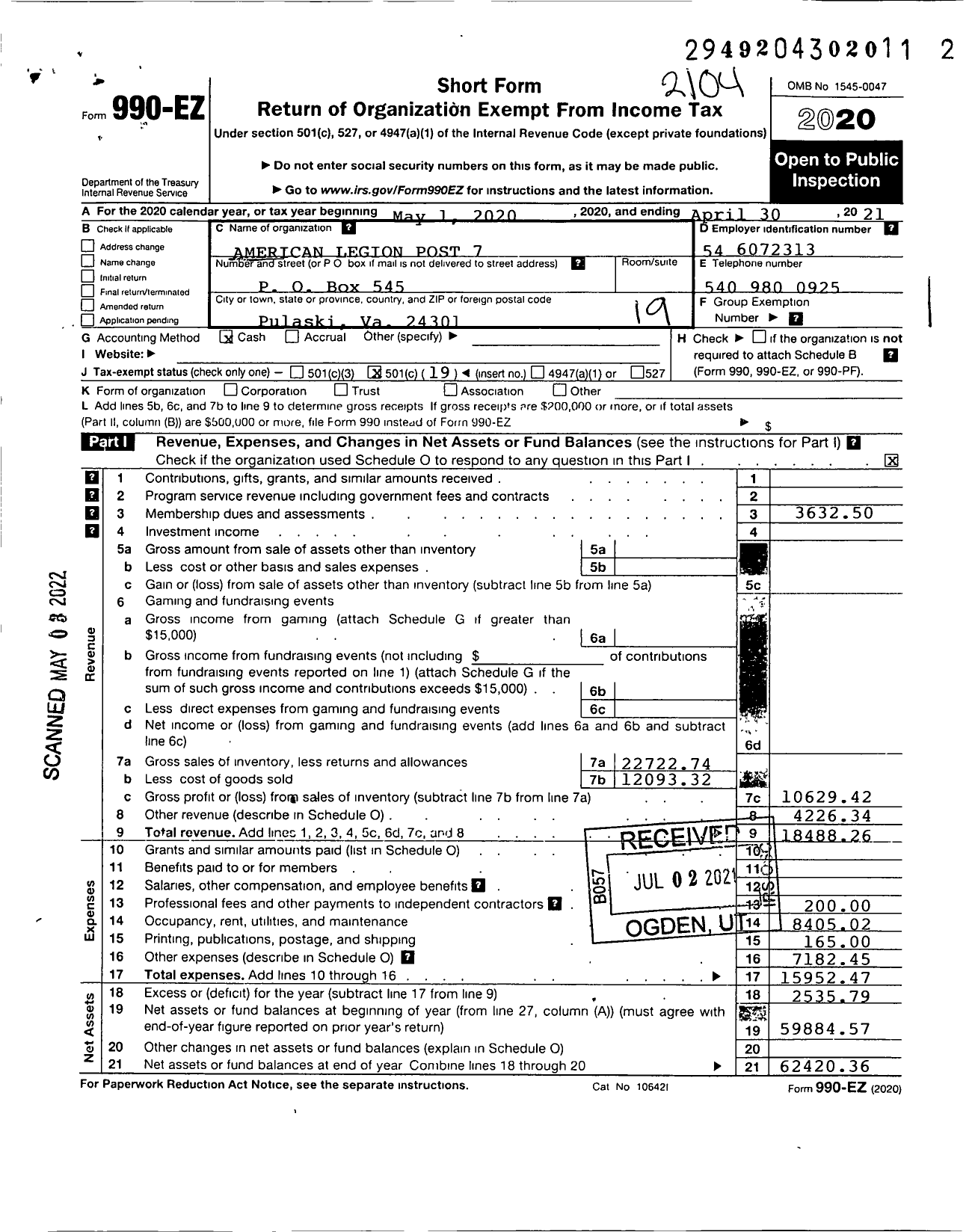 Image of first page of 2020 Form 990EO for American Legion - 7 Pulaski County