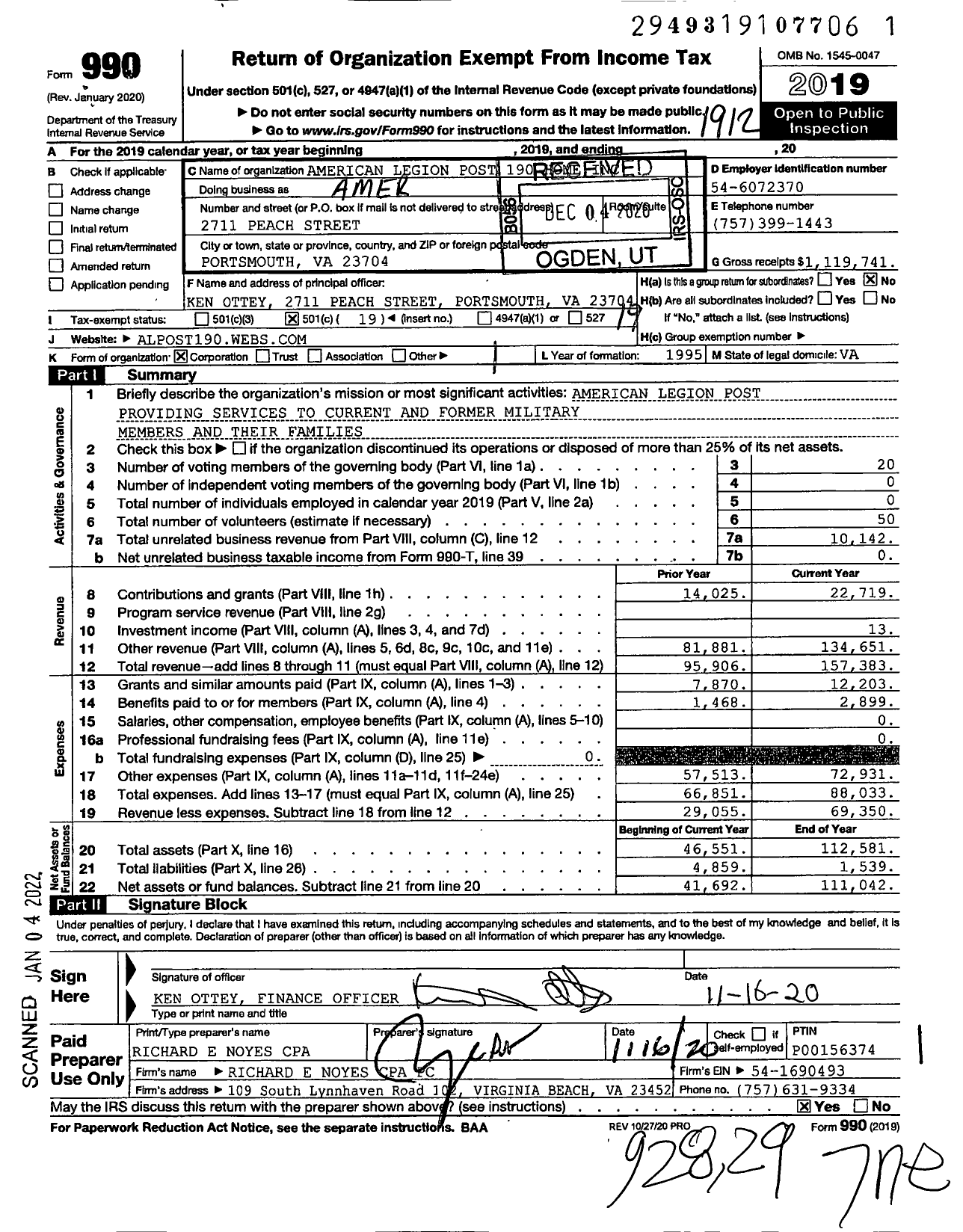 Image of first page of 2019 Form 990O for American Legion Post 190 Home