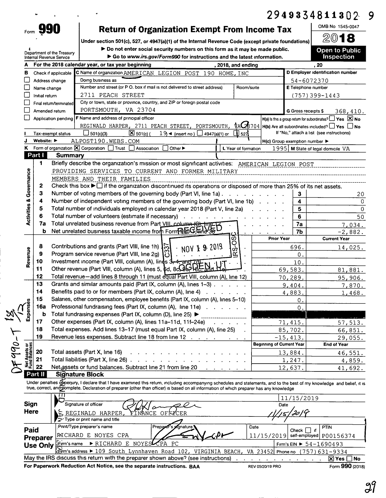 Image of first page of 2018 Form 990O for American Legion Post 190 Home