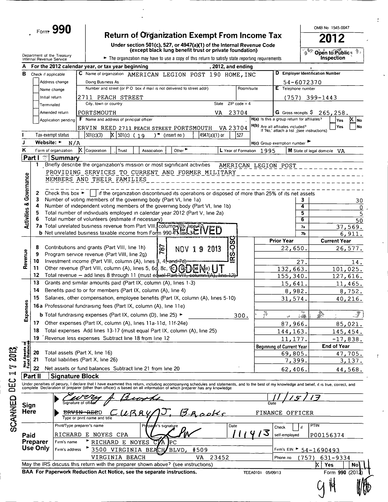Image of first page of 2012 Form 990O for American Legion Post 190 Home