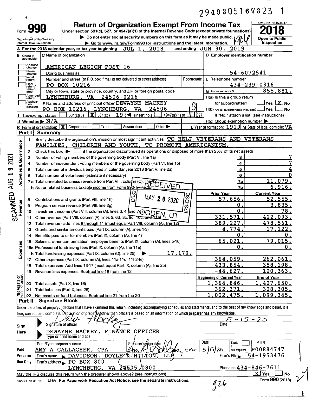 Image of first page of 2018 Form 990O for American Legion - 16 Lynchburg Post