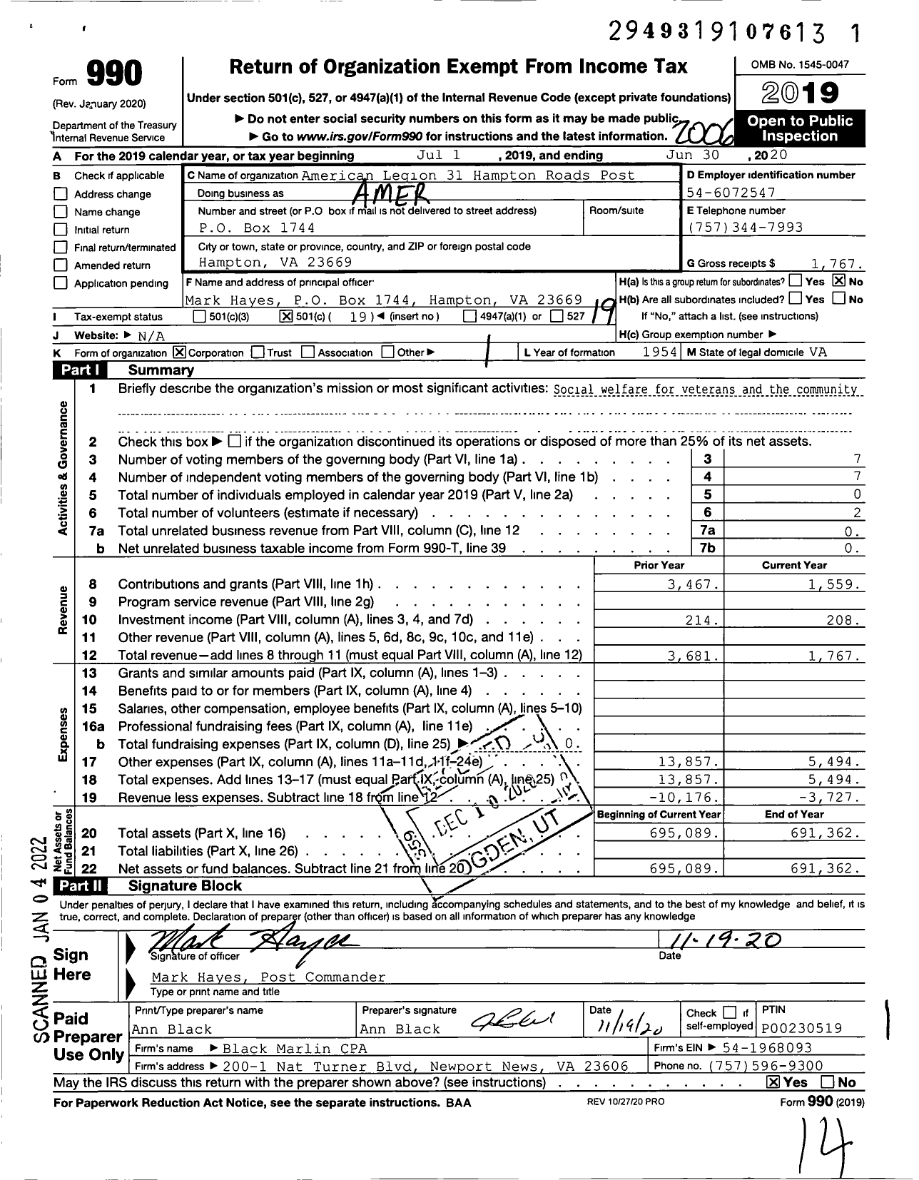 Image of first page of 2019 Form 990O for American Legion - 31 Hampton Roads Post