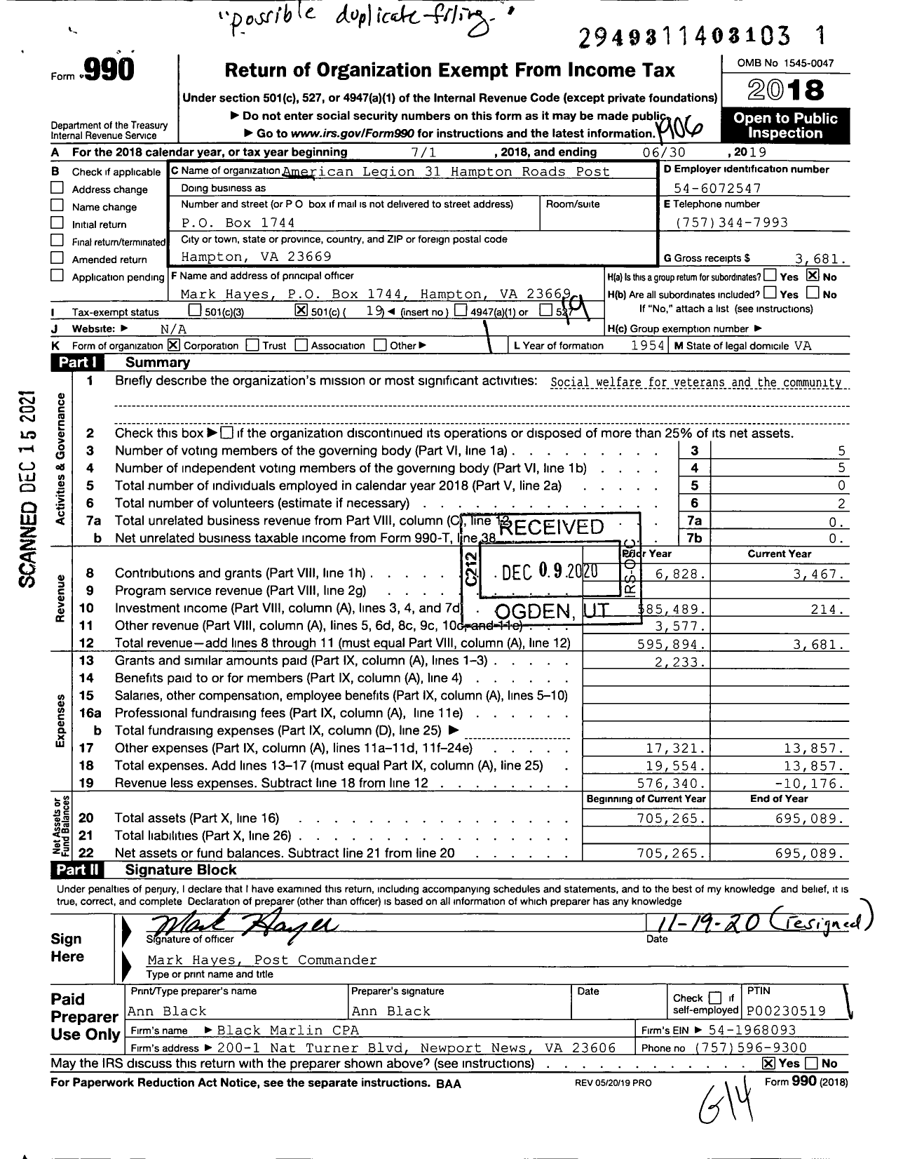 Image of first page of 2018 Form 990O for American Legion - 31 Hampton Roads Post