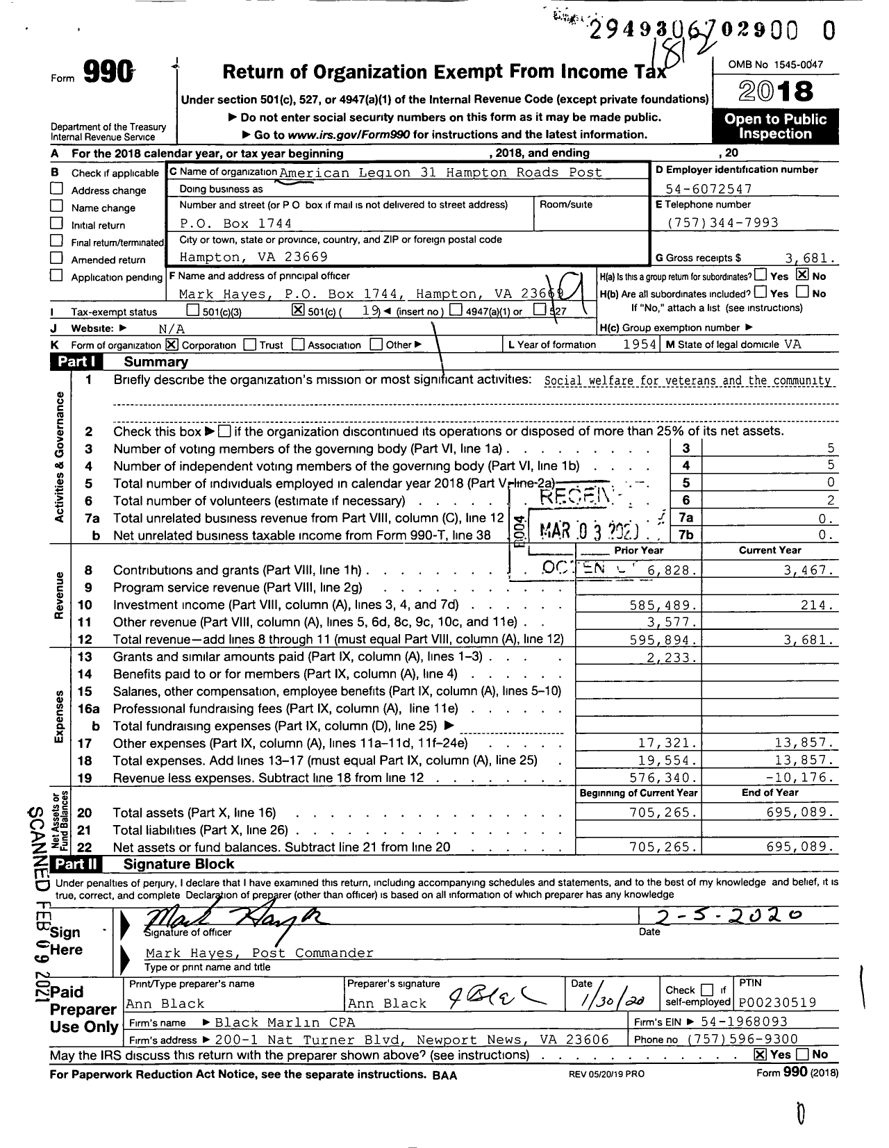 Image of first page of 2018 Form 990O for American Legion - 31 Hampton Roads Post