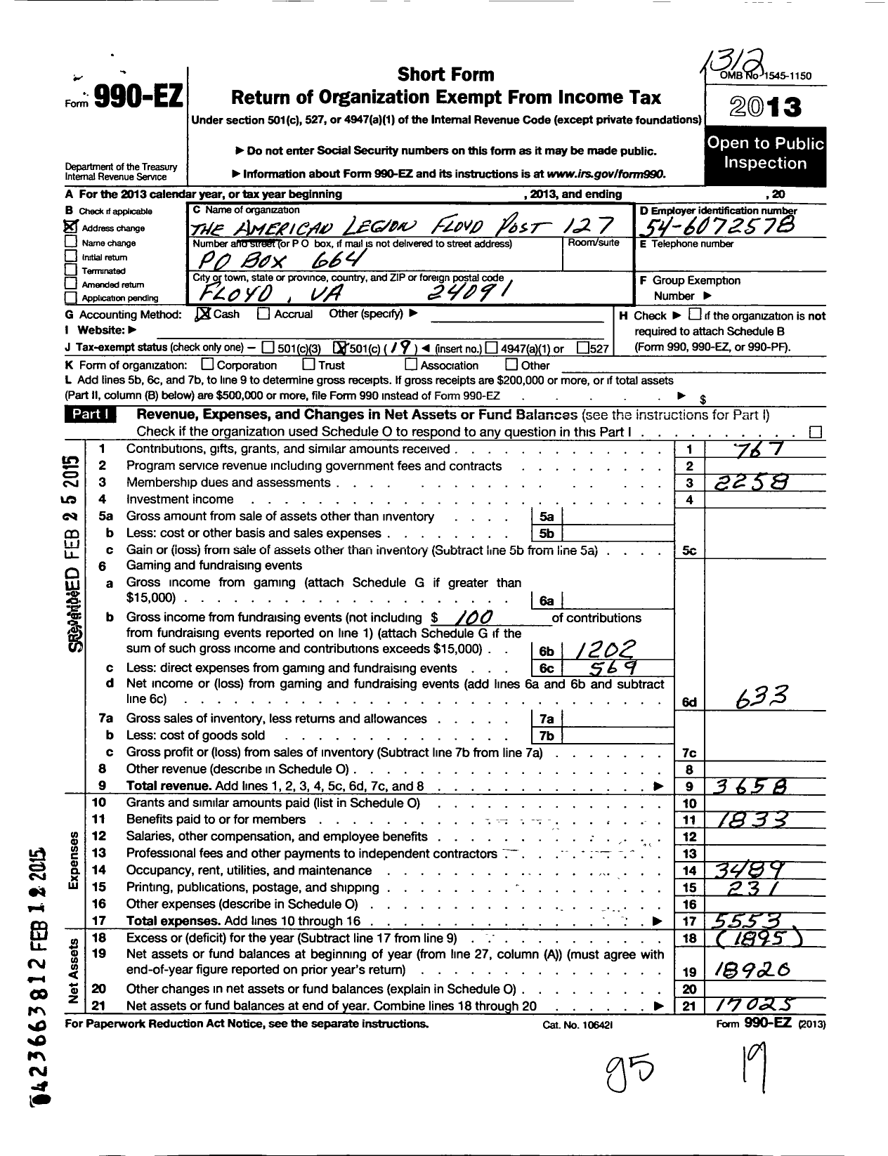 Image of first page of 2013 Form 990EO for American Legion - 127 Floyd