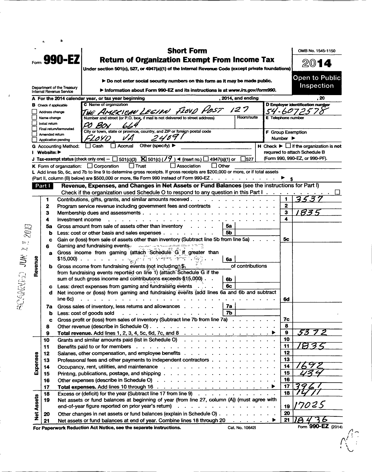 Image of first page of 2014 Form 990EO for American Legion - 127 Floyd