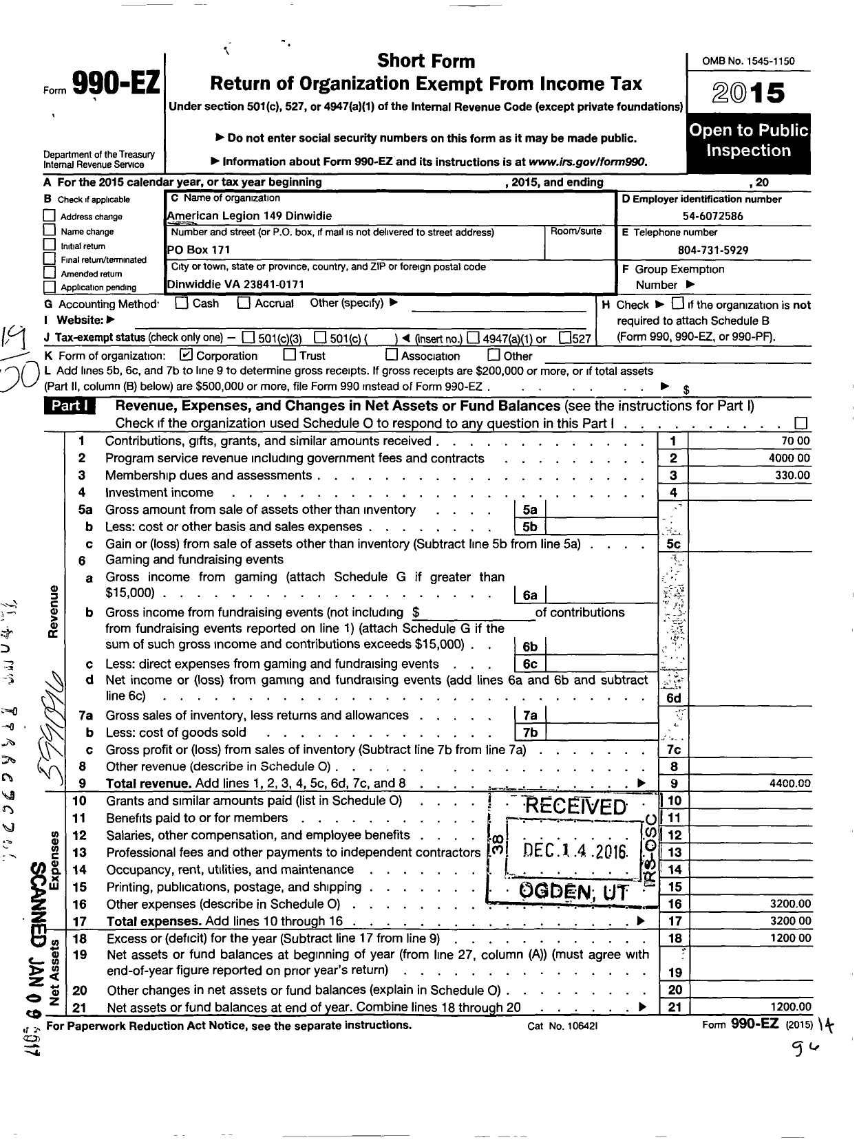 Image of first page of 2015 Form 990EO for American Legion - 149 Dinwidie