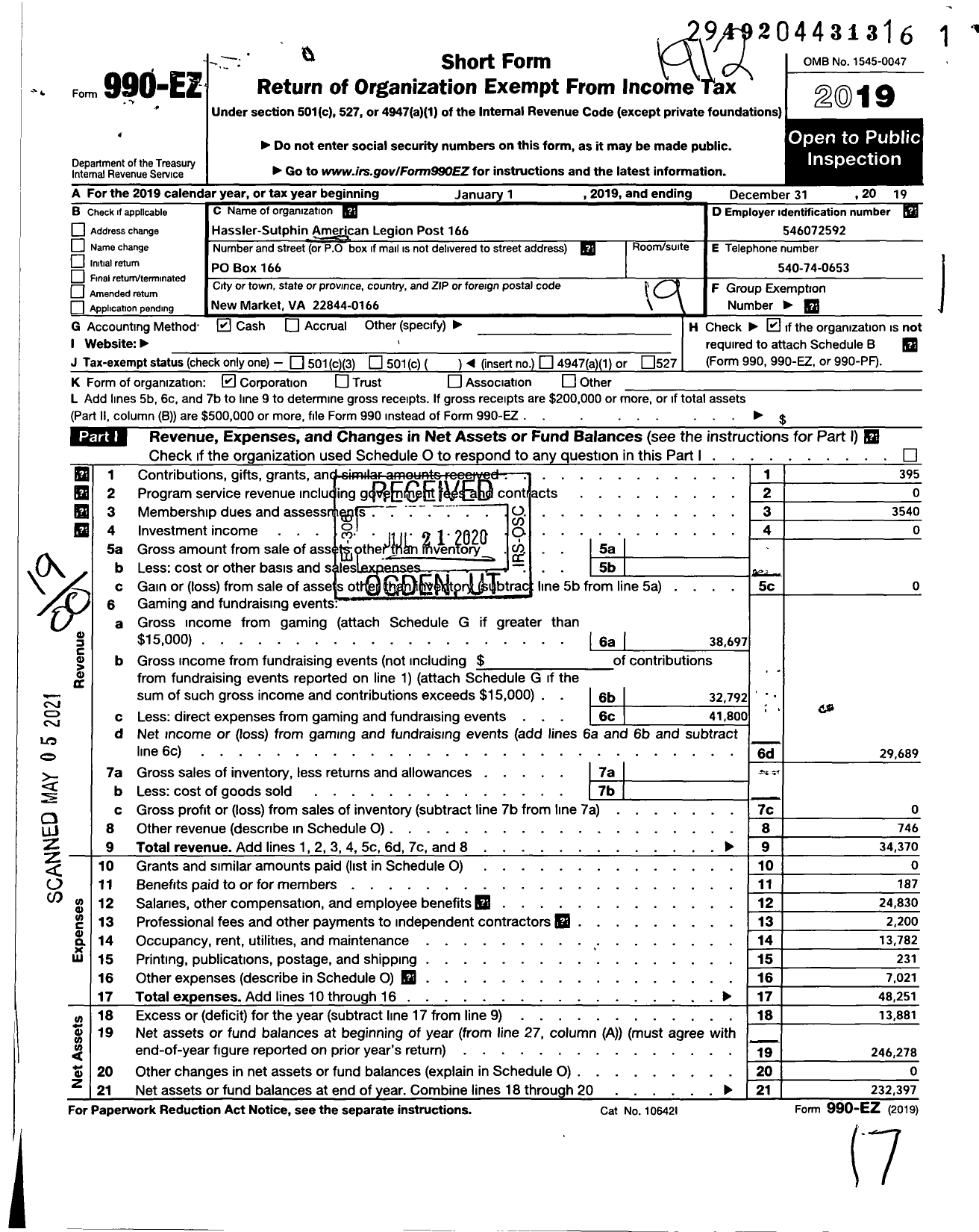 Image of first page of 2019 Form 990EO for American Legion - 166 Hassler-Sutphin