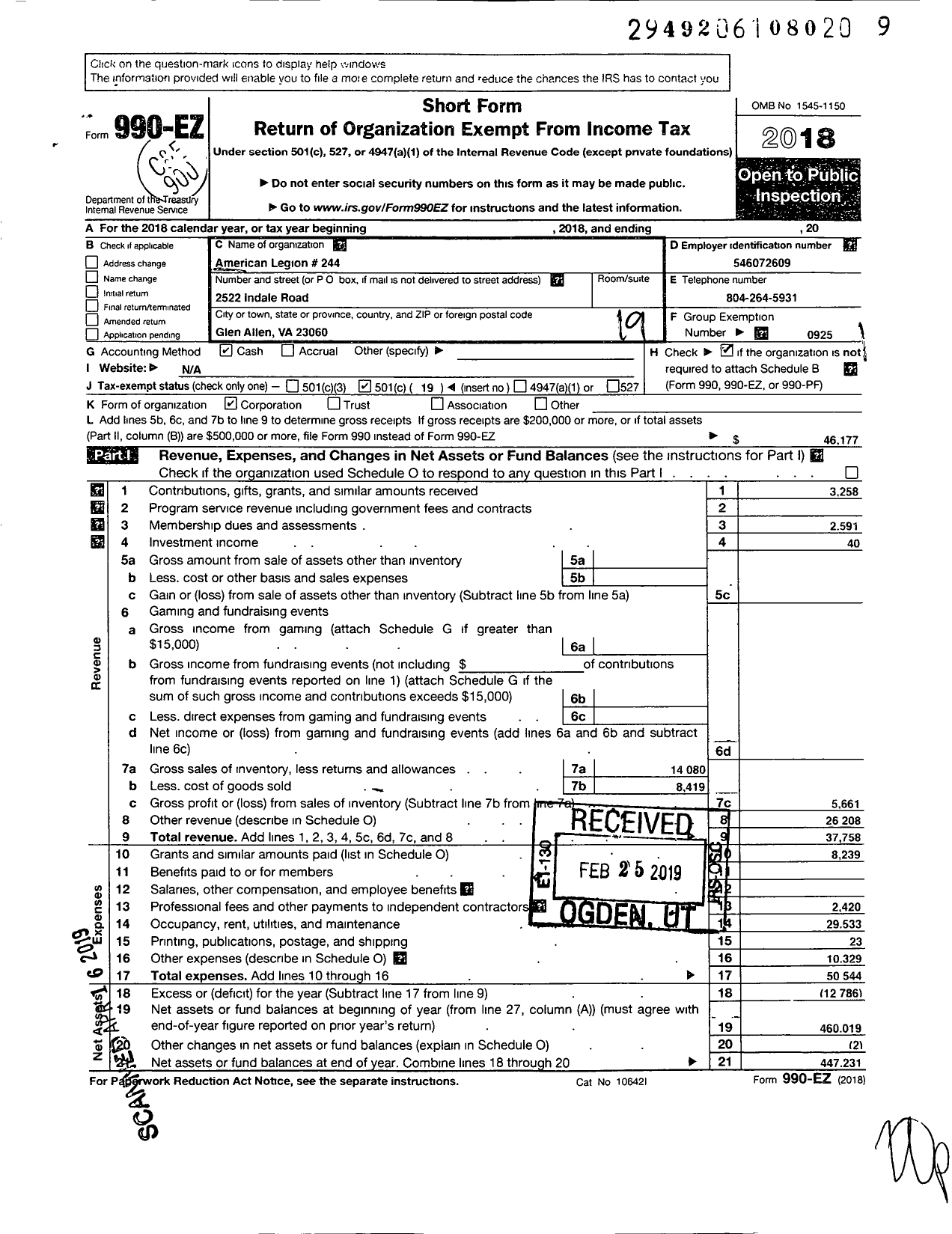 Image of first page of 2018 Form 990EO for American Legion - 0244 Glen Allen