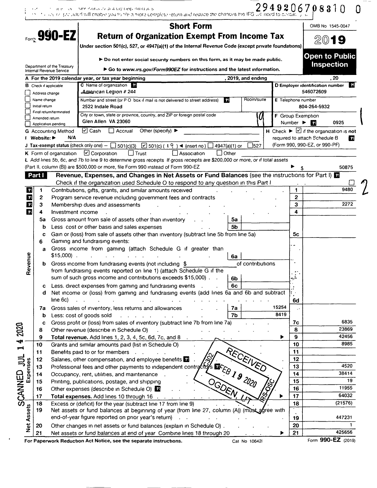 Image of first page of 2019 Form 990EO for American Legion - 0244 Glen Allen