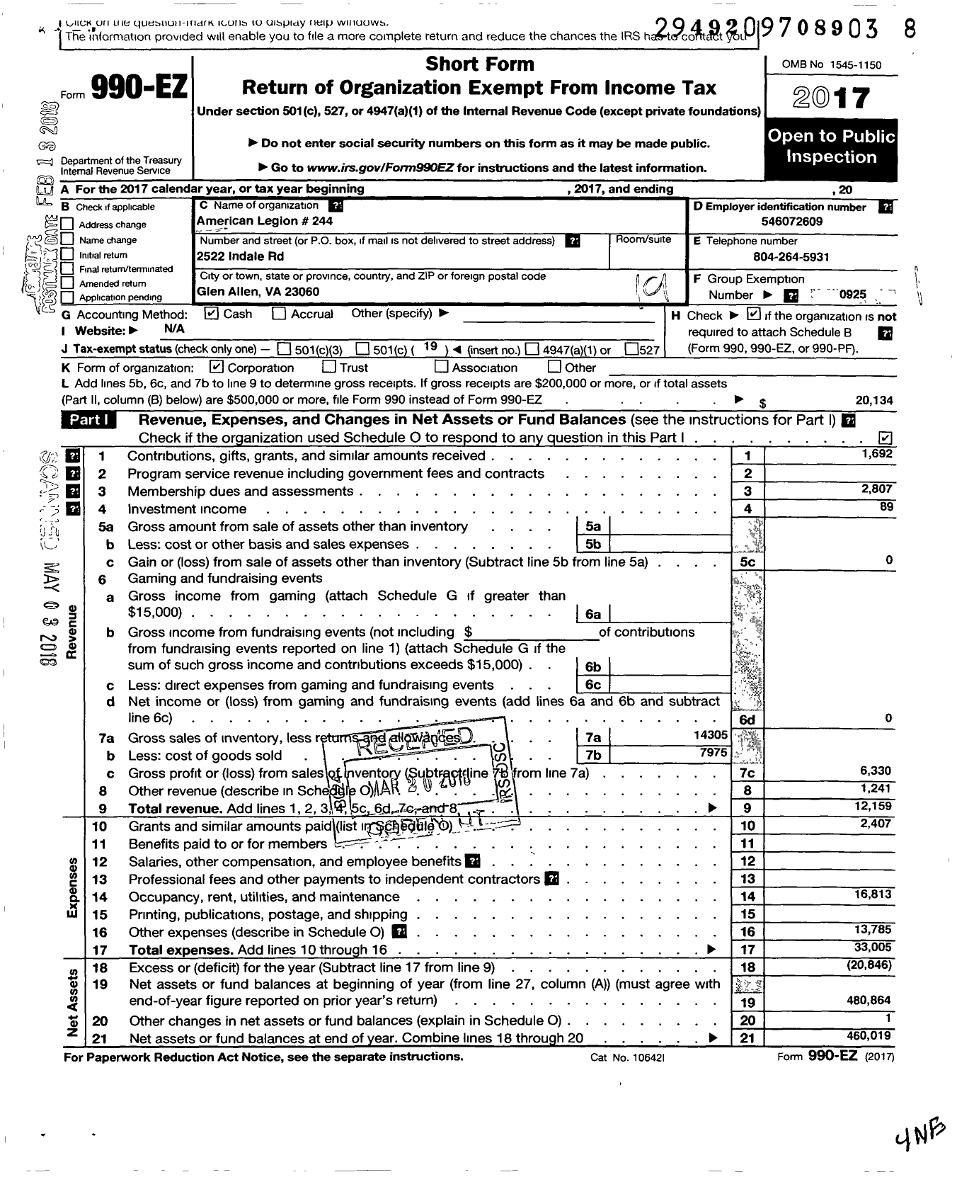 Image of first page of 2017 Form 990EO for American Legion - 0244 Glen Allen