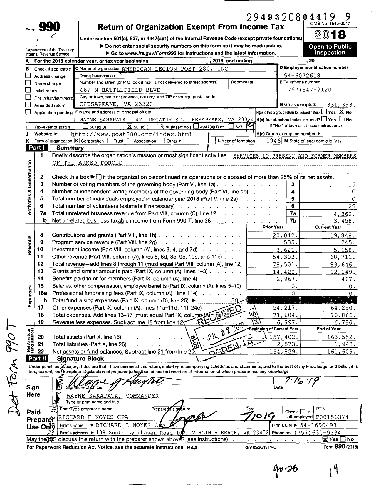 Image of first page of 2018 Form 990O for American Legion - 280 Great Bridge