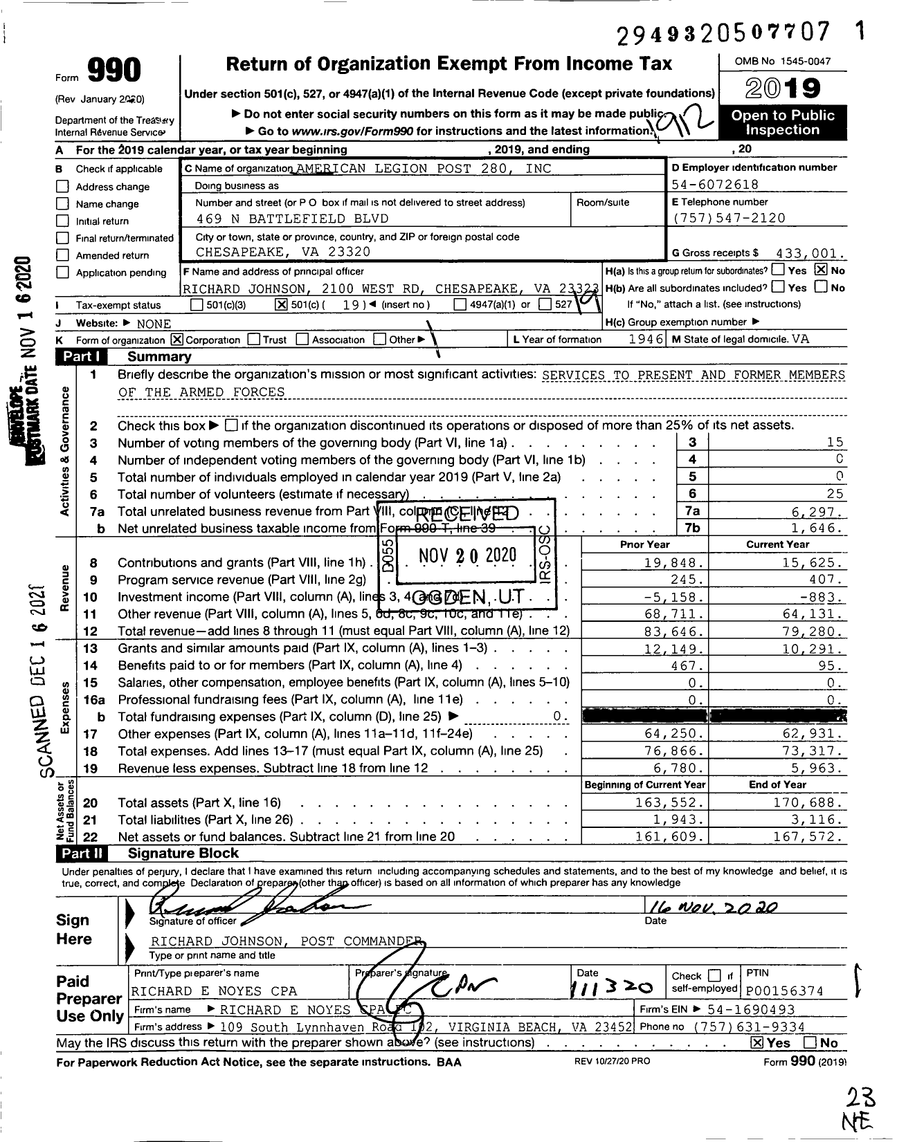 Image of first page of 2019 Form 990O for American Legion - 280 Great Bridge