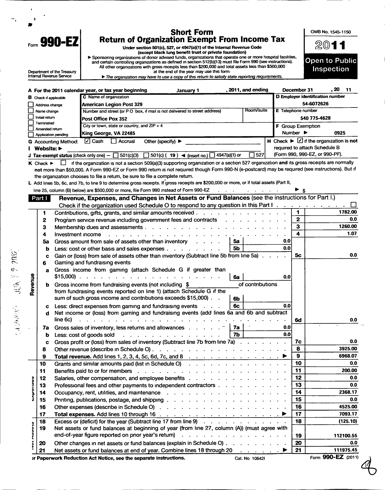 Image of first page of 2011 Form 990EO for American Legion - 329 Nash-Peyton-Pryor Post