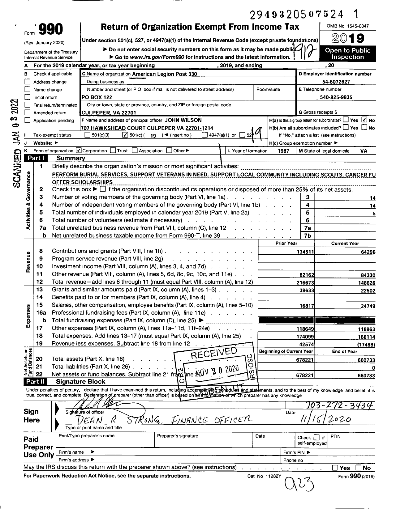 Image of first page of 2019 Form 990O for American Legion - 0330 Culpeper