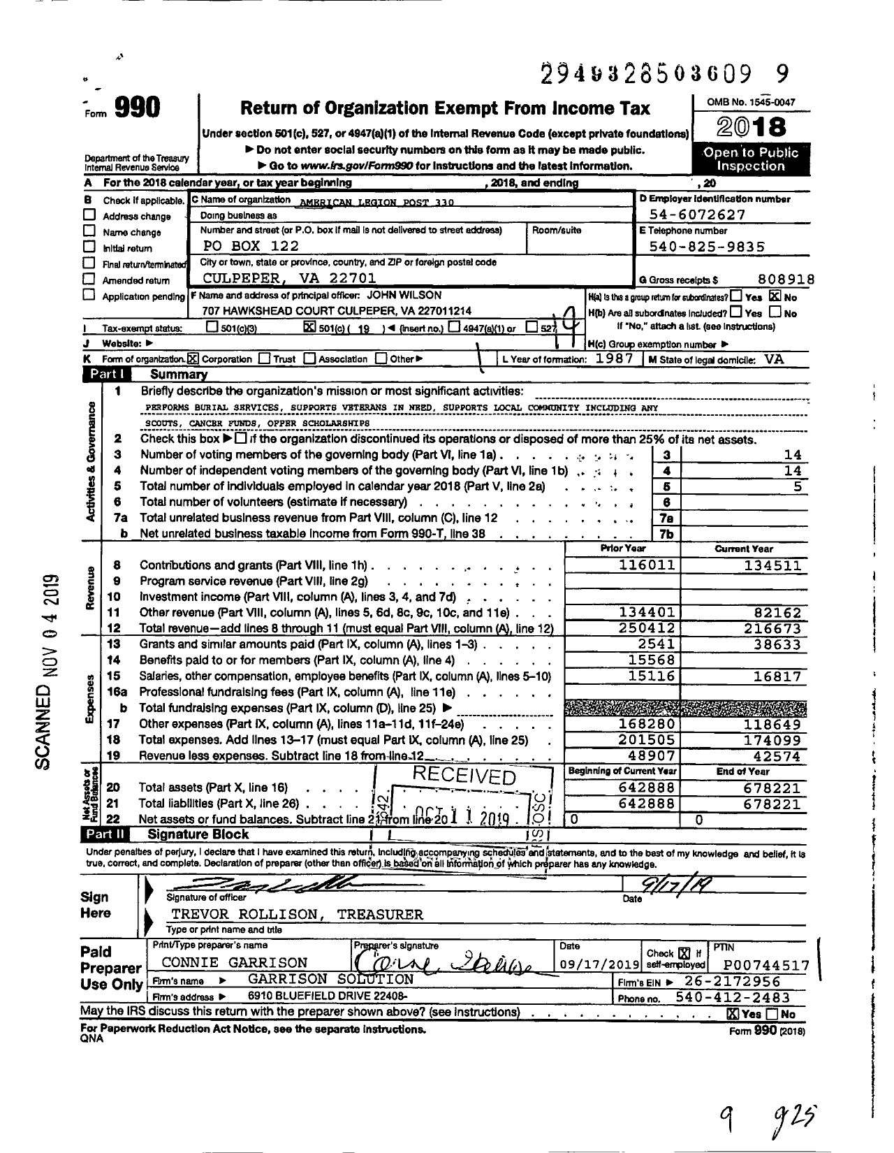 Image of first page of 2018 Form 990O for American Legion - 0330 Culpeper