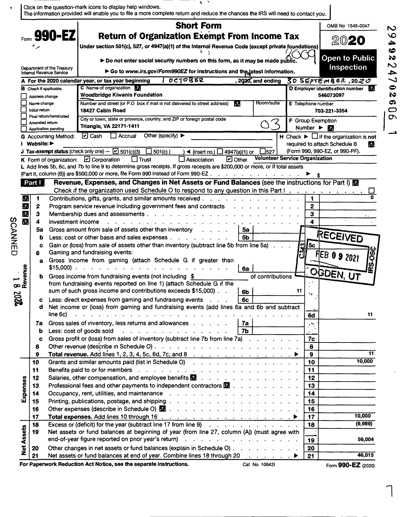 Image of first page of 2019 Form 990EZ for Woodbridge Kiwanis Foundation