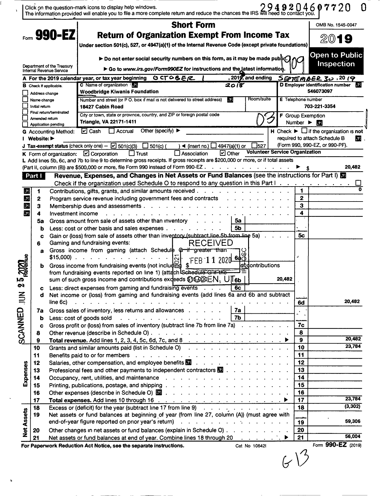 Image of first page of 2018 Form 990EZ for Woodbridge Kiwanis Foundation