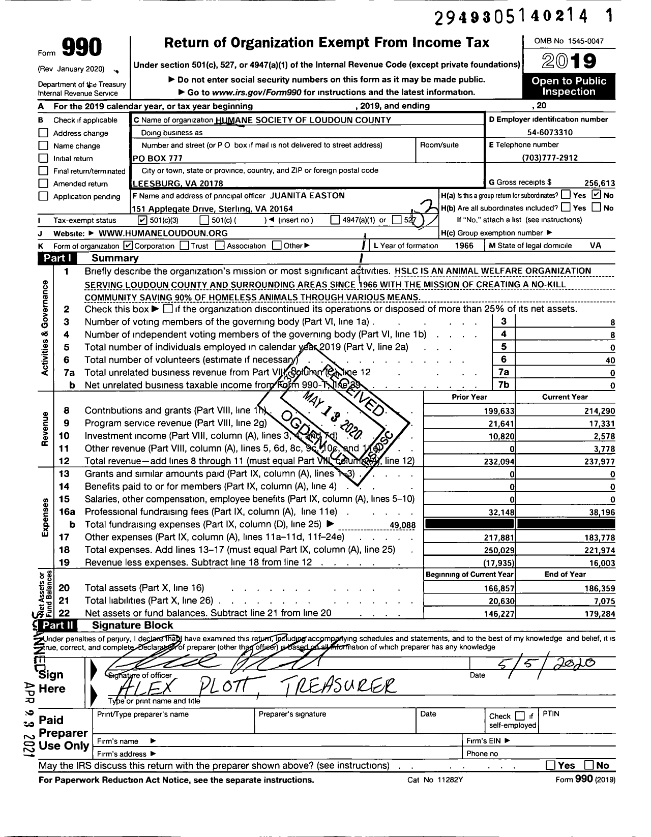 Image of first page of 2019 Form 990 for The Humane Society of Loudoun County