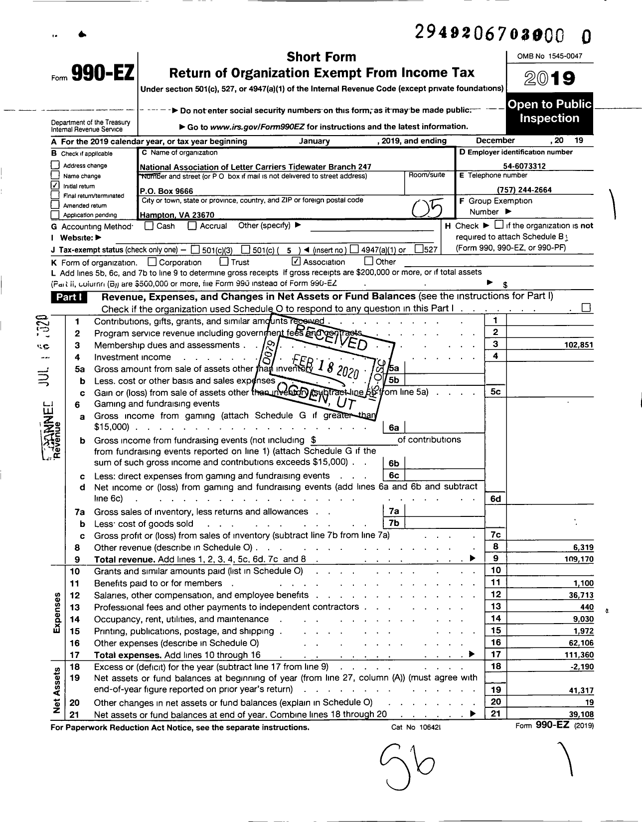 Image of first page of 2019 Form 990EO for National Association of Letter Carriers - 247 Tidewater Branch